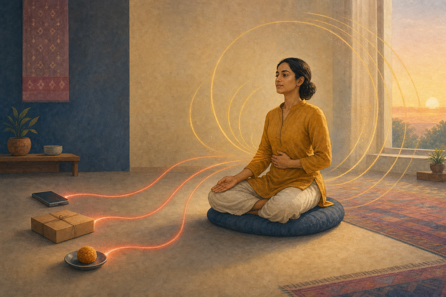 A seated person pauses beside a phone, parcel, and sweet as curling red-orange ribbons open into spacious golden arcs around them.