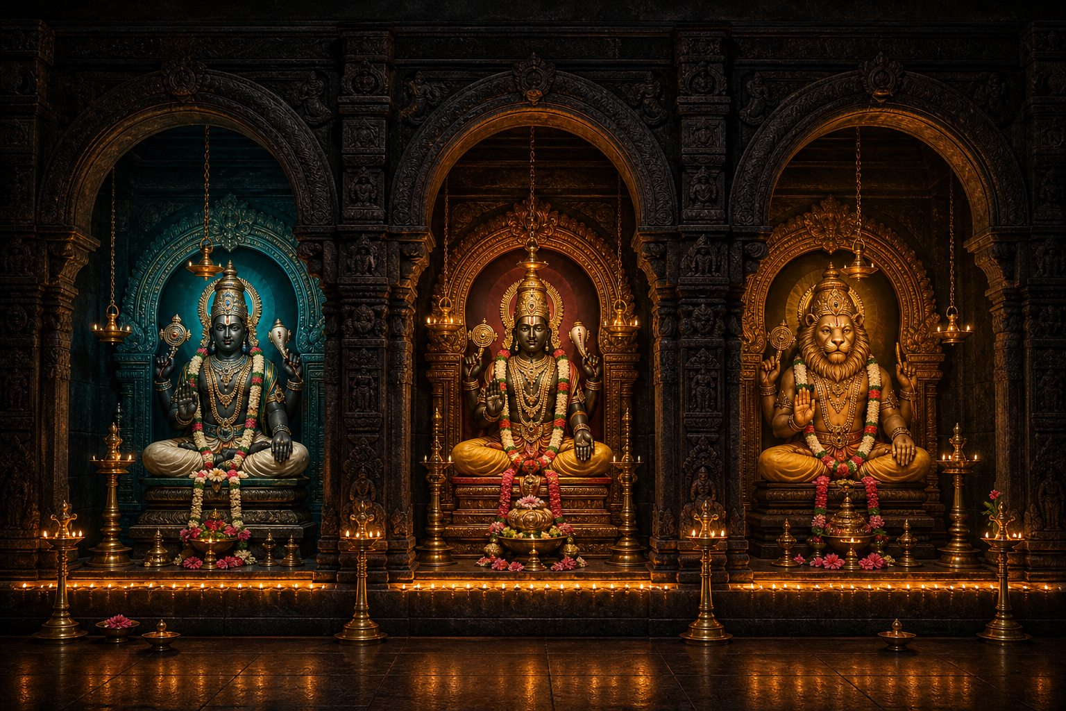 Devotional illustration of three adjoining sanctum views with two seated Vishnu forms and a calm seated Narasimha, joined by a continuous row of oil lamps.