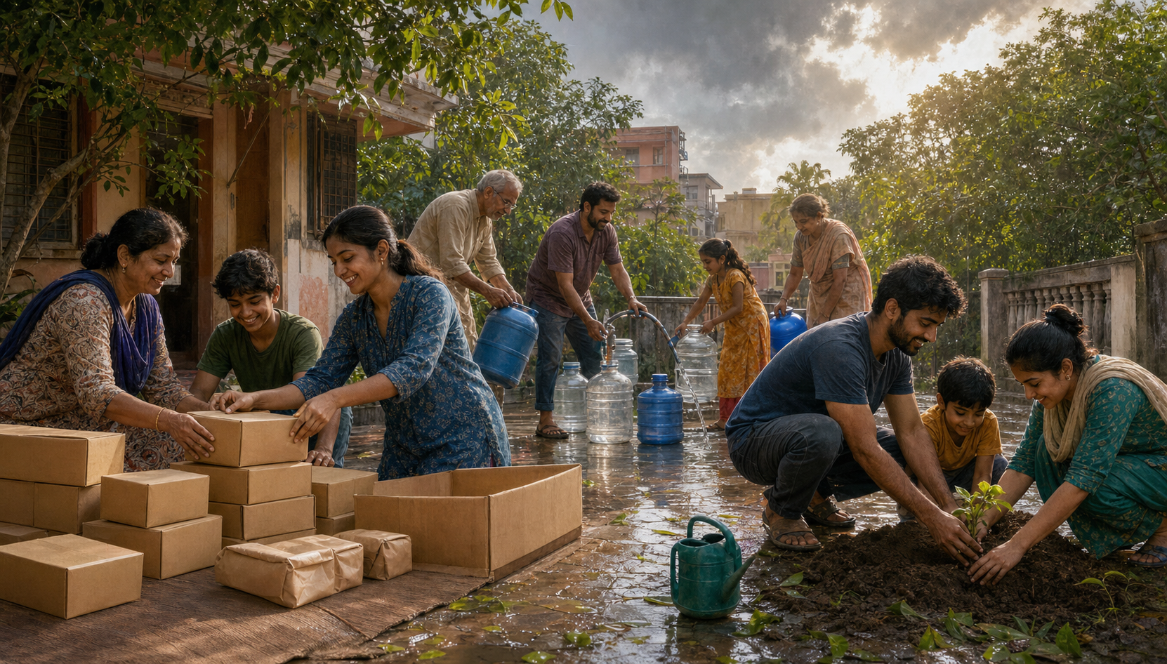 Volunteers prepare food parcels, fill water containers and plant a tree in a rain-wet courtyard.