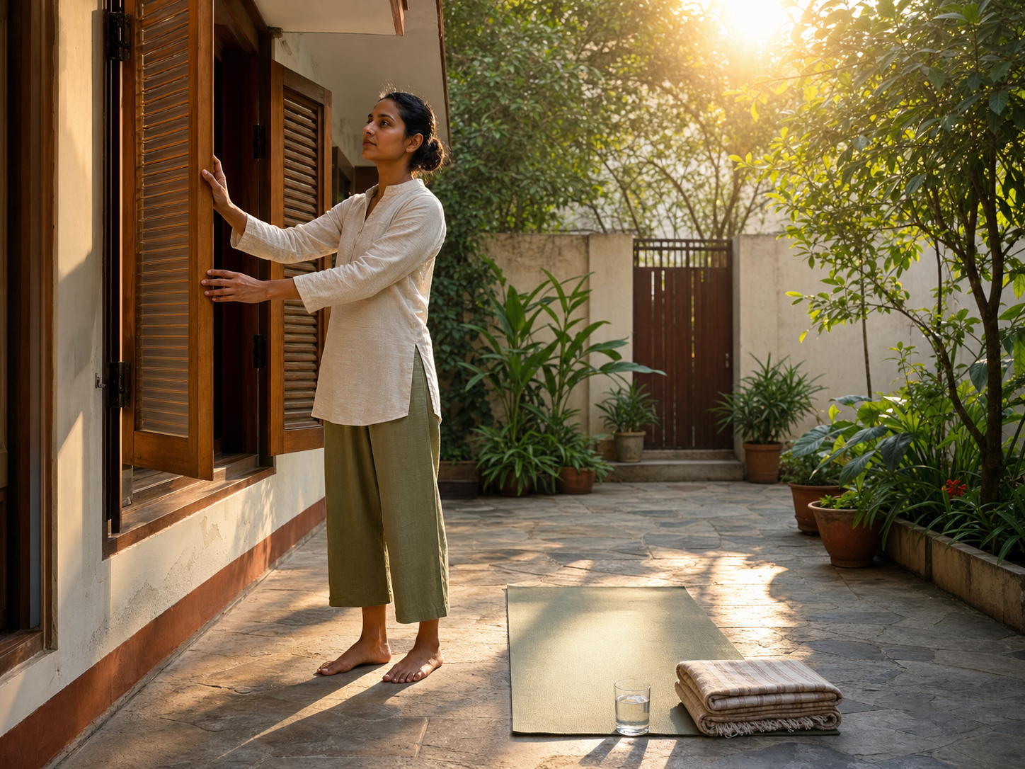 A rested practitioner opens wooden shutters to morning light beside a meditation mat, folded blanket, and glass of water.