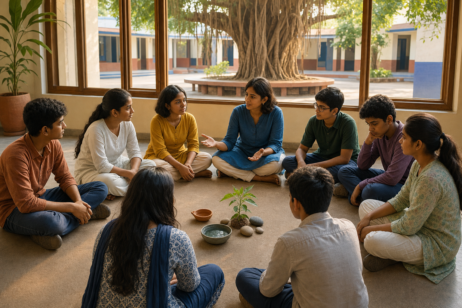 Indian students and a teacher sit in a classroom discussion circle around a clay lamp, a bowl of water, a plant, and stones.