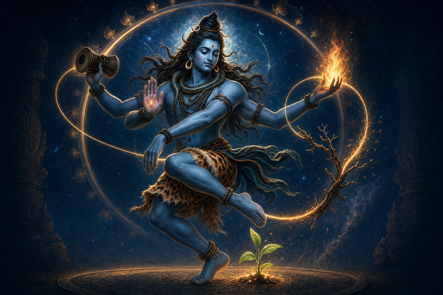 Shiva dances with a drum, reassuring palm, contained flame, and raised foot above a green shoot, with arcs of light linking the gestures.