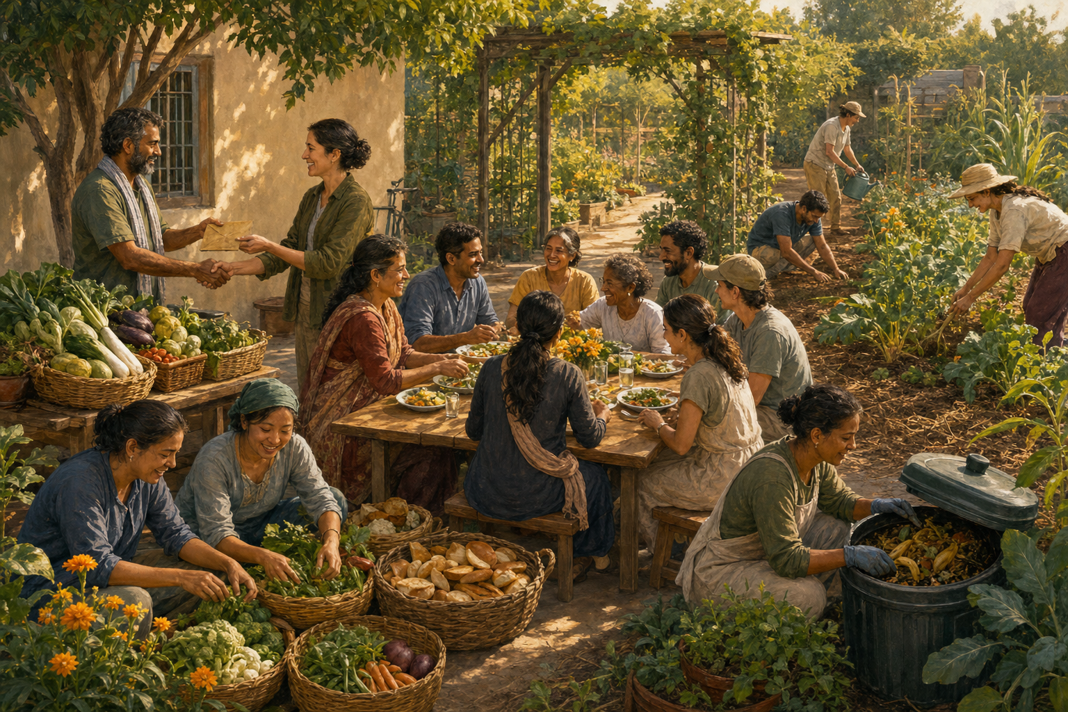 Community members share a meal while farmers are paid, surplus food is sorted, scraps are composted, and garden soil is protected.