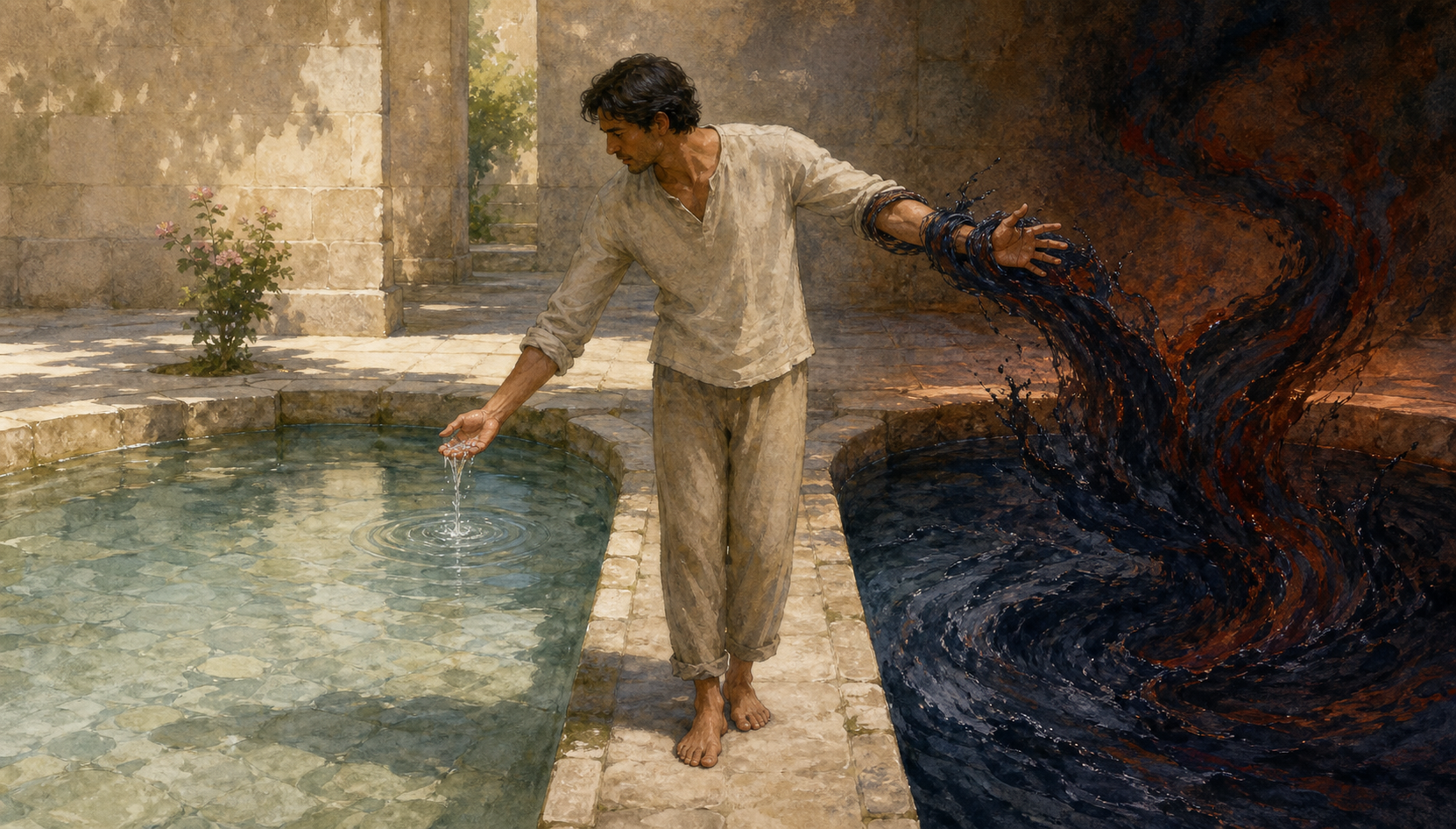 A person stands between a still pool approached calmly and a turbulent current coiling around an outstretched hand.