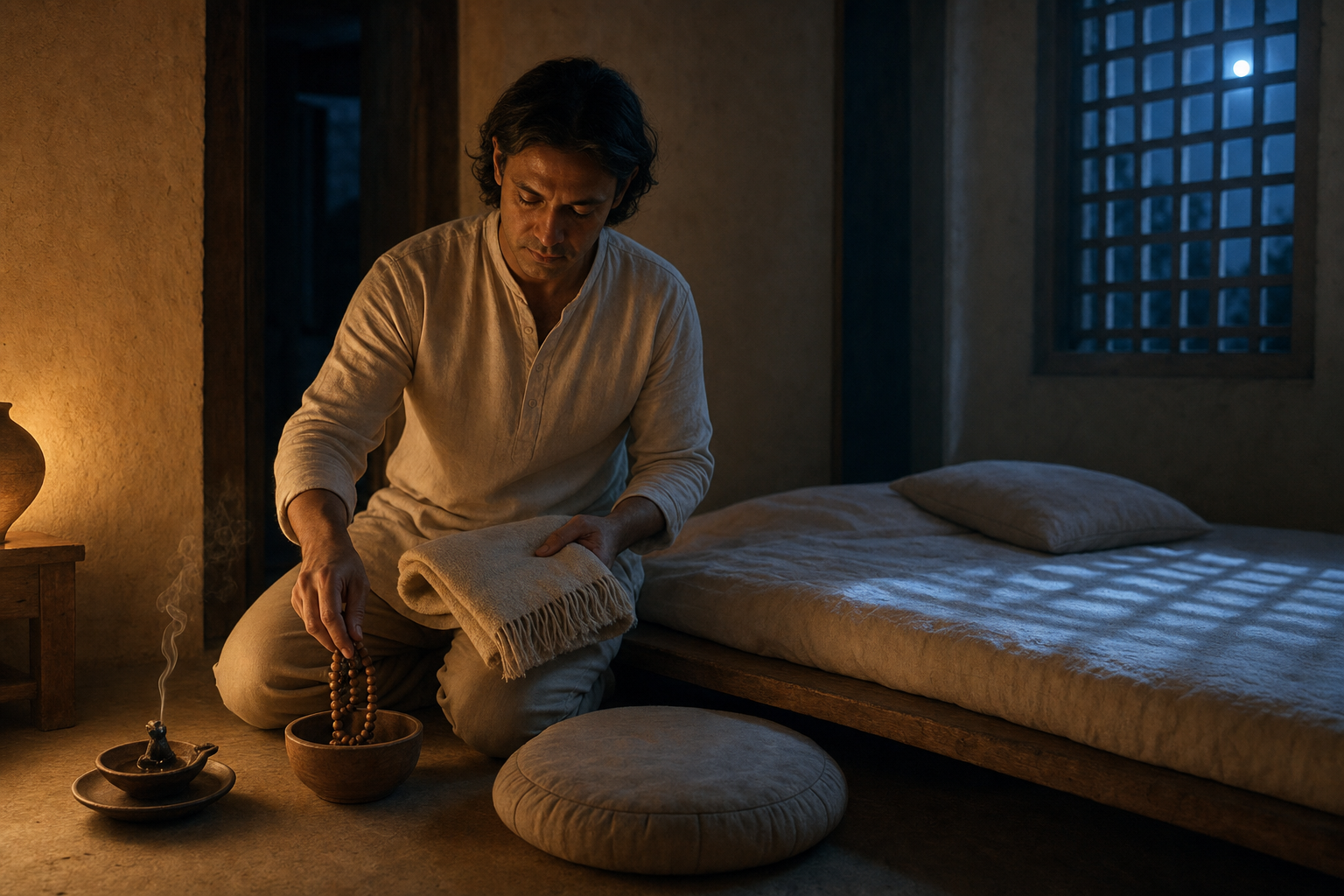 In an evening room, a practitioner folds a shawl and sets down a mala beside a low bed as moonlight enters the window.