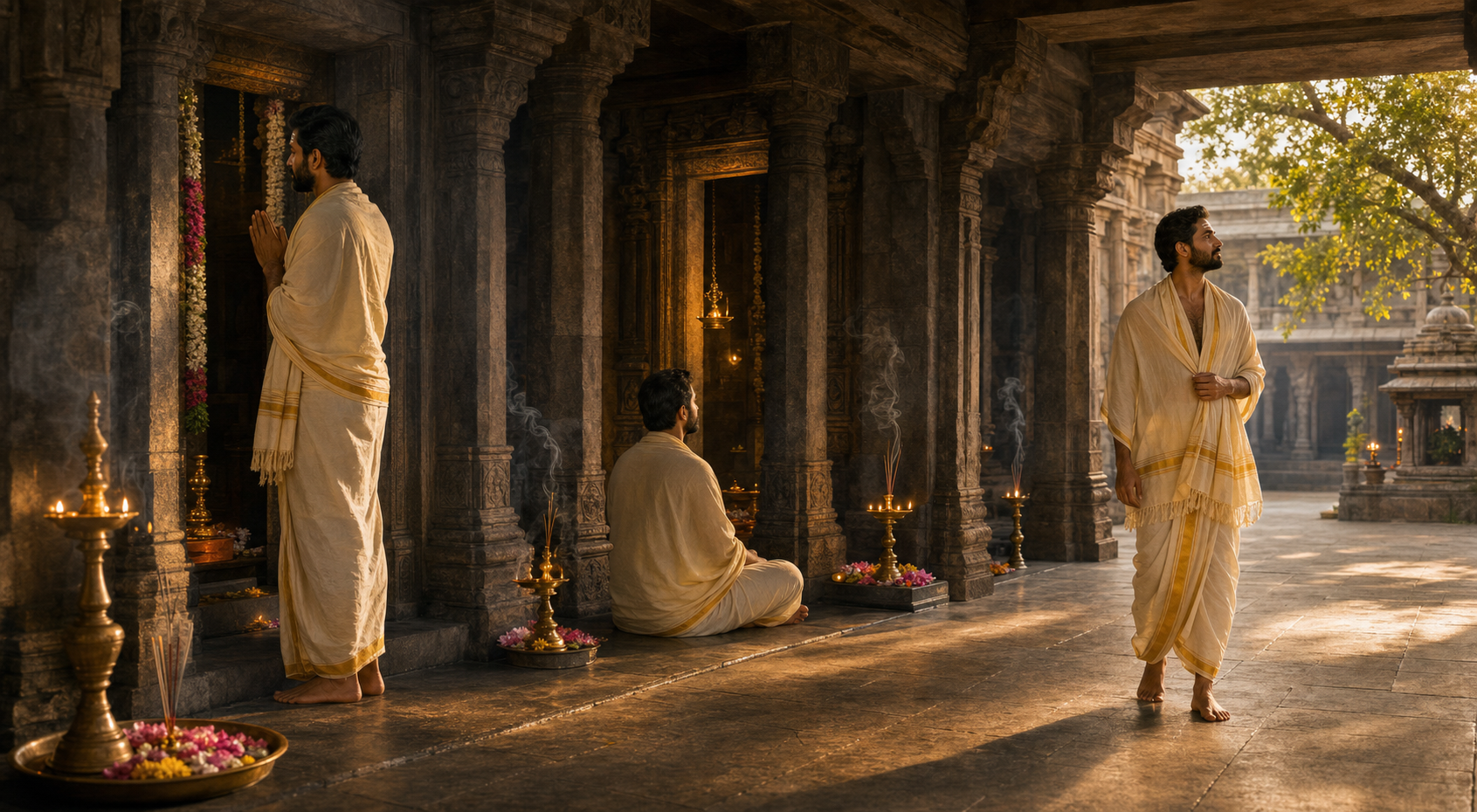 A pilgrim pauses, prays, and reflects at three points along a lamp-lit granite temple corridor.