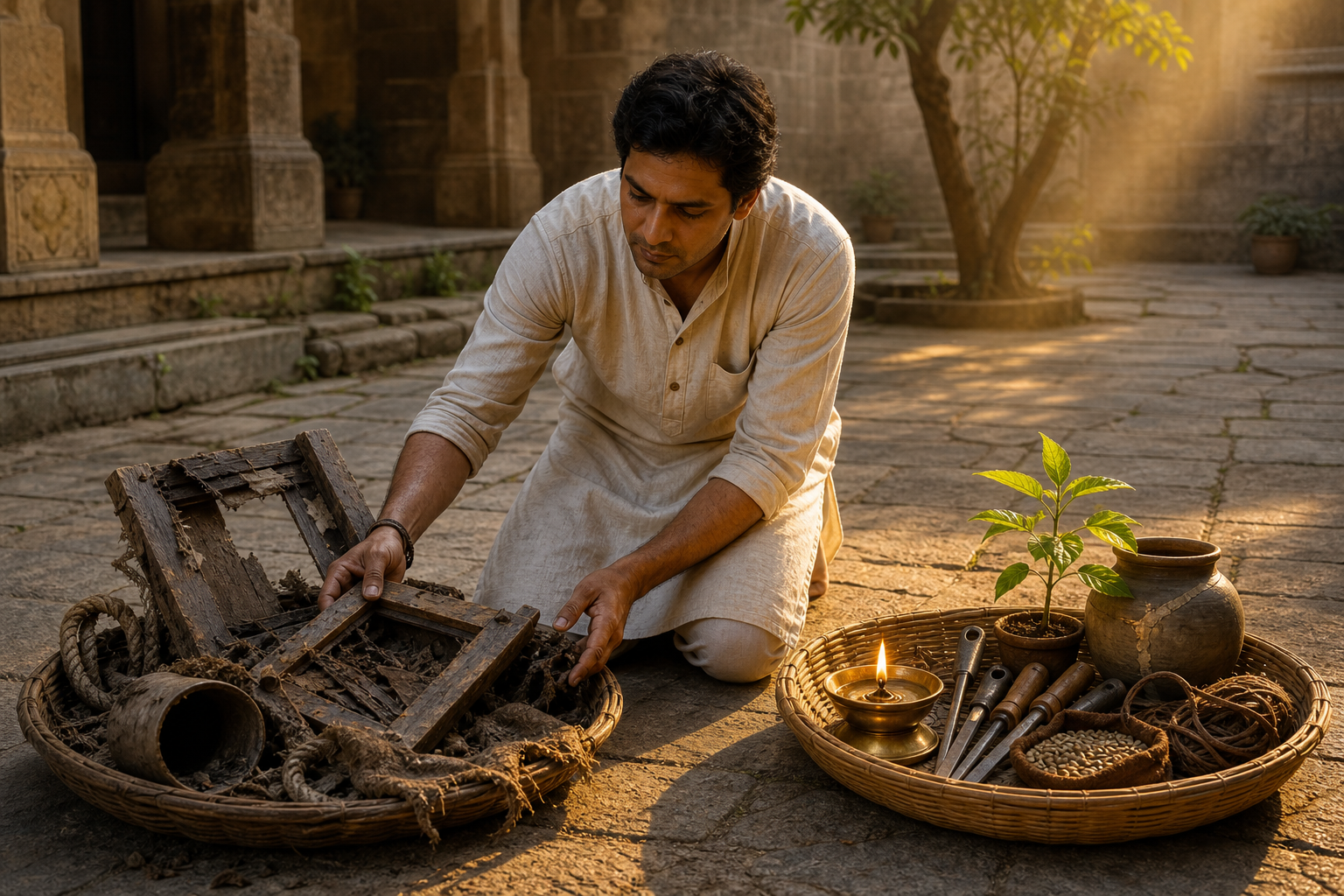 A person in a stone courtyard sorts cracked and decayed objects from a lamp, tools, seeds, and a repaired vessel at sunrise.