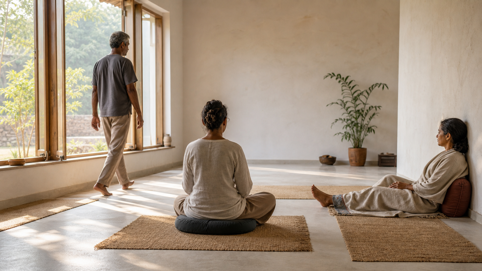 Three practitioners in a sunlit room meditate seated, walk slowly, and rest upright with support.