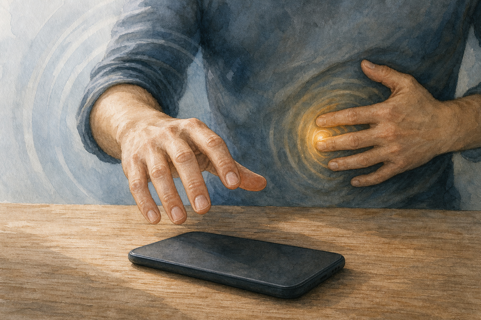 One hand hovers above a face-down phone while the other notices a small amber ripple at the abdomen.