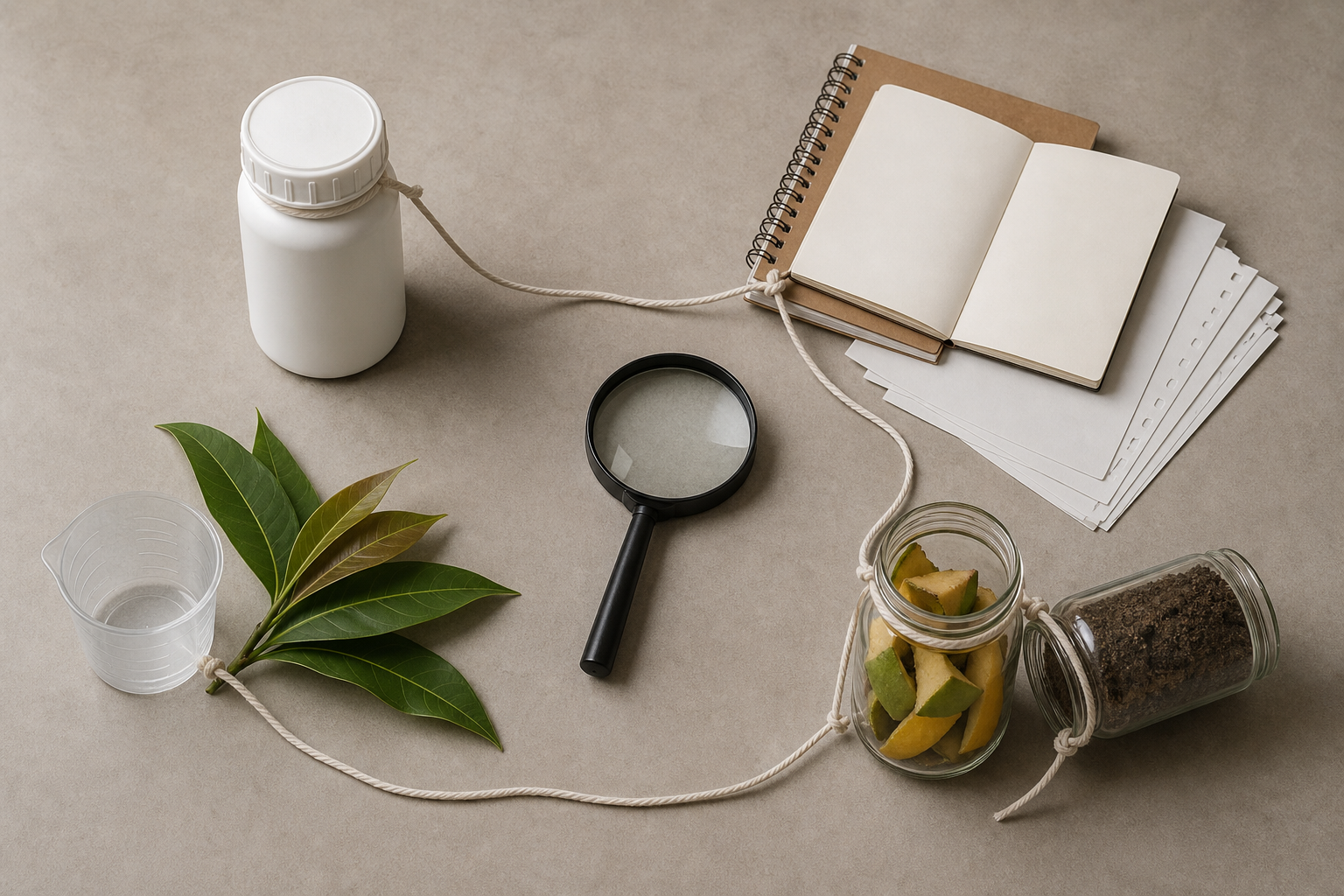 Four groups of pesticide compliance evidence, including a generic container, field records, spray equipment, and mango and soil samples, connected by cords on a table.