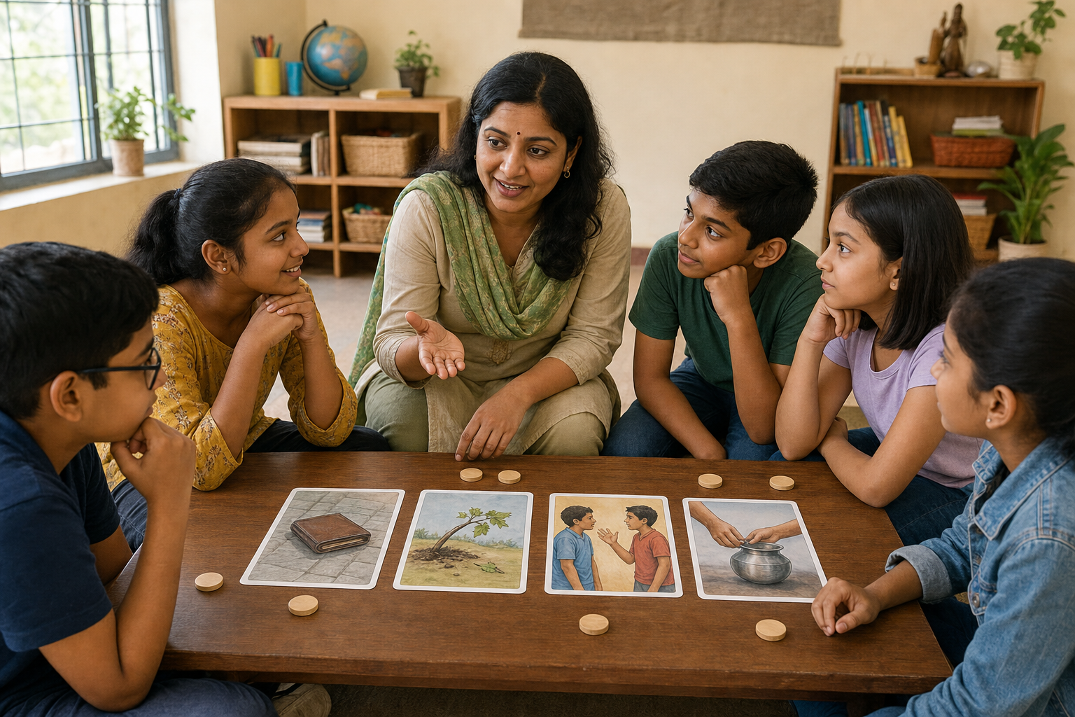 A teacher listens as students discuss wordless picture cards depicting honesty, care, disagreement, and shared responsibility.