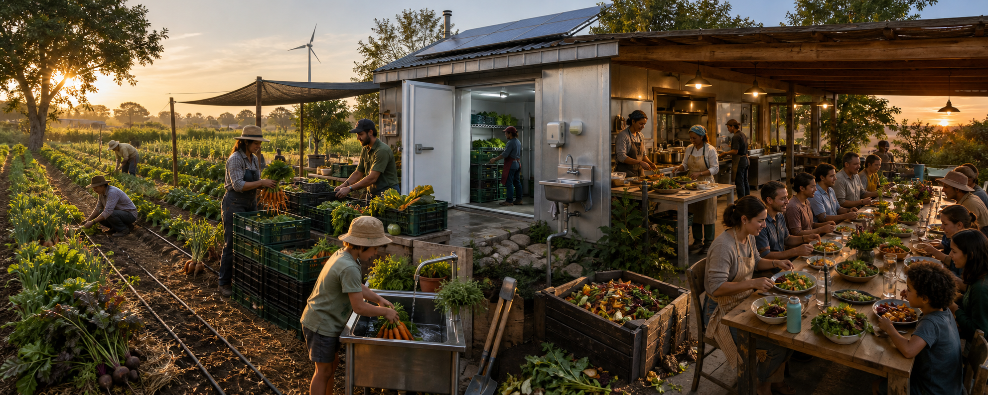 A local food chain runs from regenerative fields through harvesting, cold storage, a community kitchen, and a communal meal.