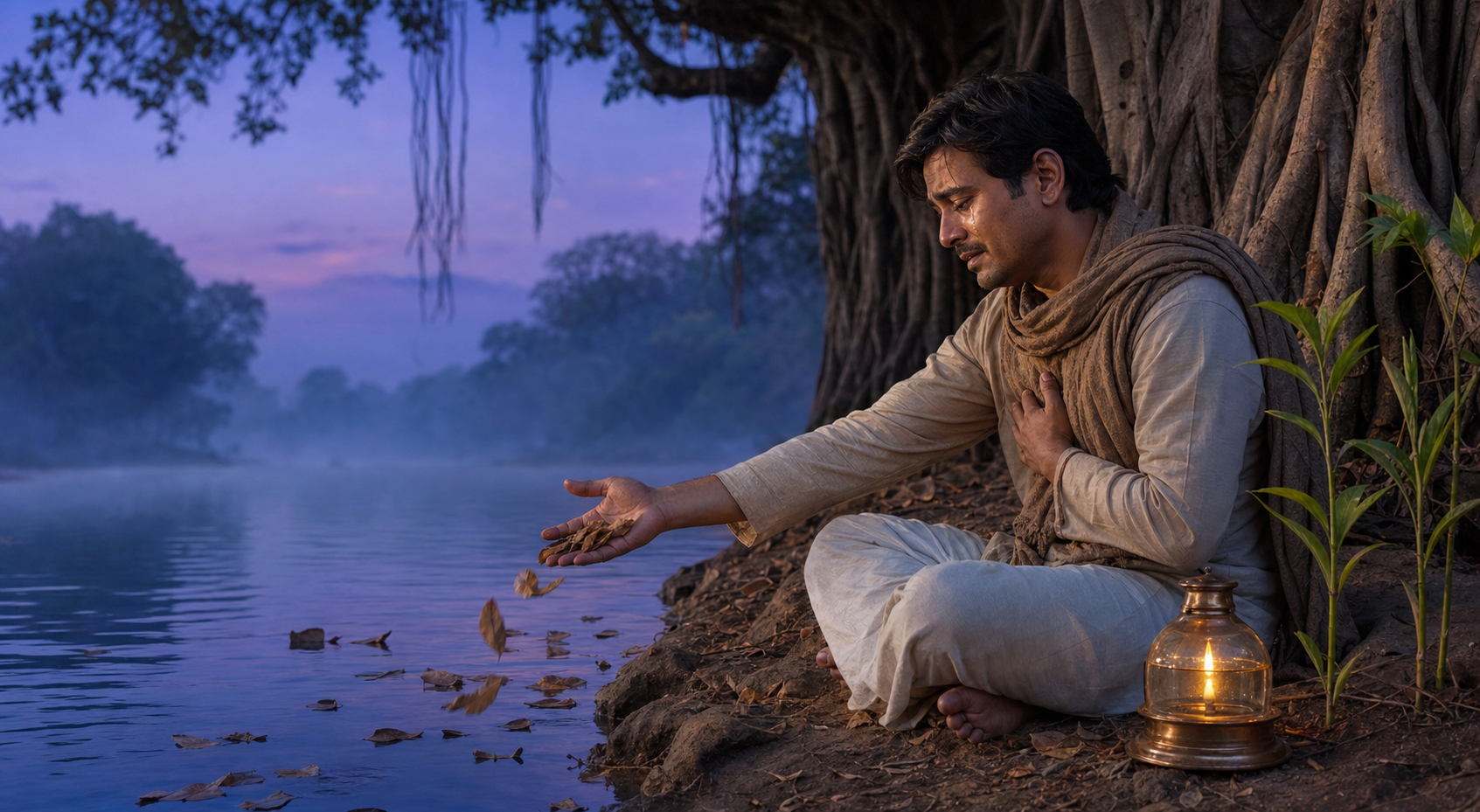 A tearful person sits beneath a banyan tree and releases dry leaves into a calm river beside a glowing covered oil lamp.