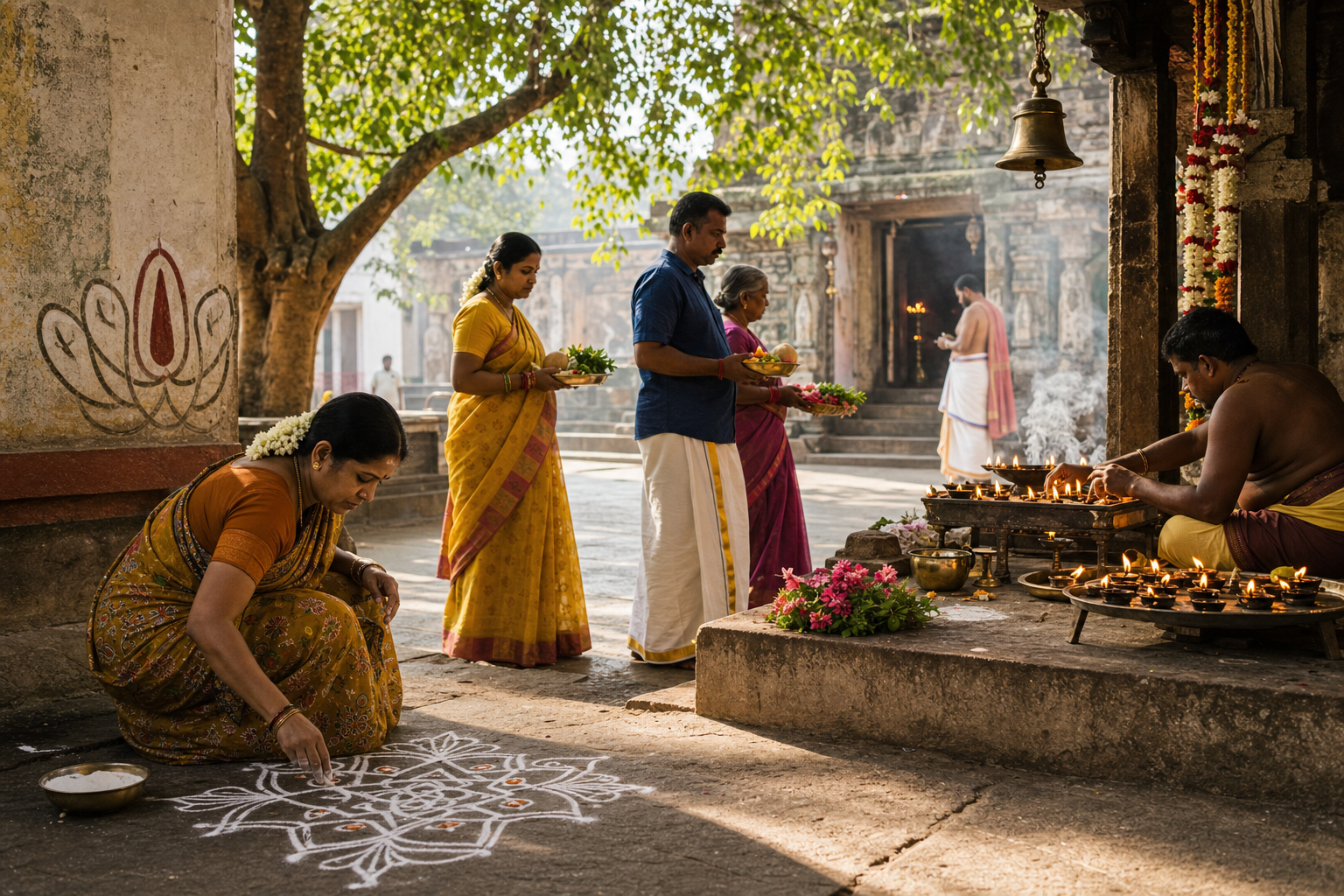 Morning worship activity in a Thanjavur Vishnu temple courtyard with devotees, flower offerings, oil lamps, a kolam, and weathered stone pillars.