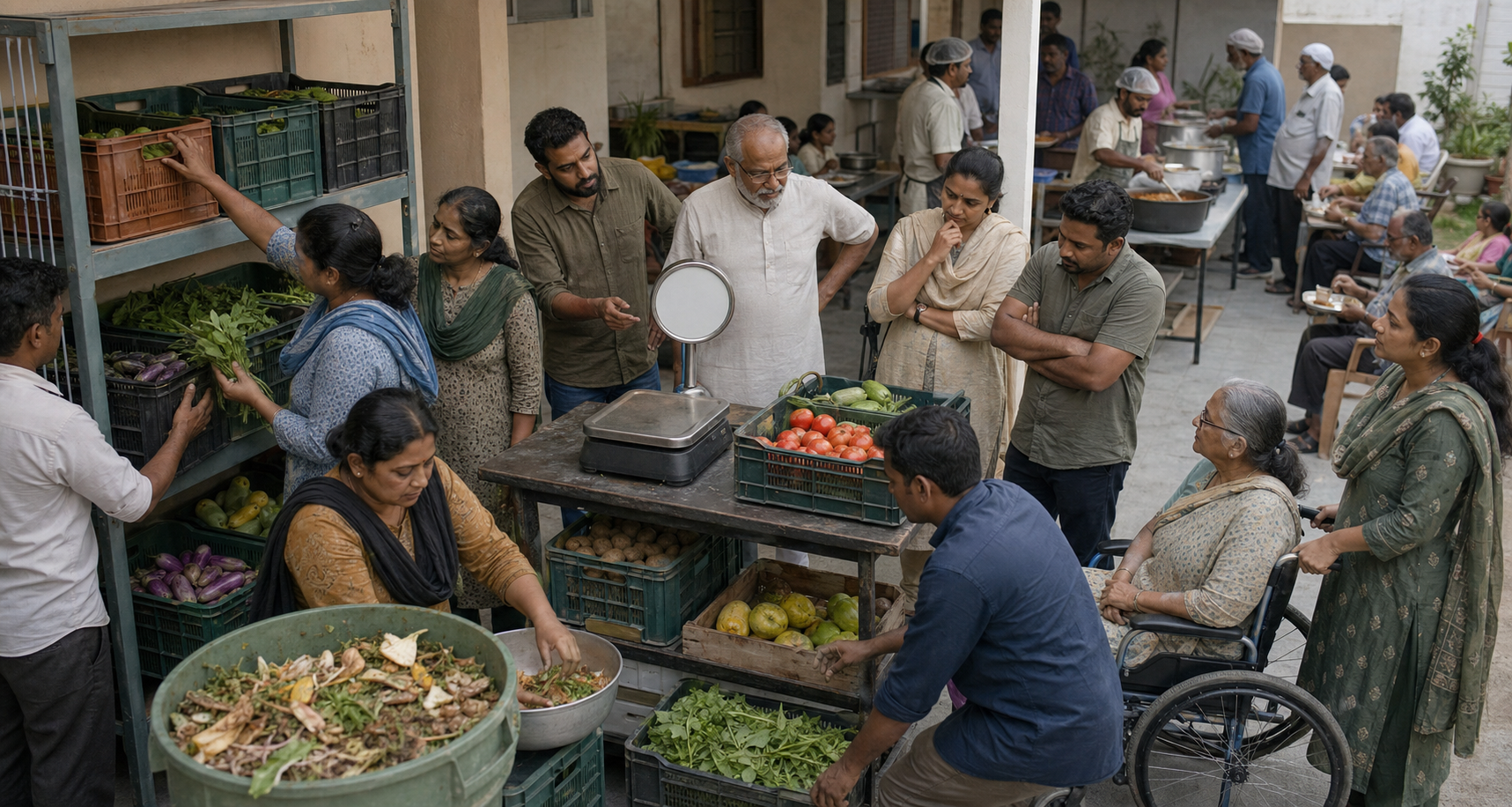 Farmers, cooks, volunteers, and residents evaluate a small food storage, kitchen, meal-service, and composting pilot.