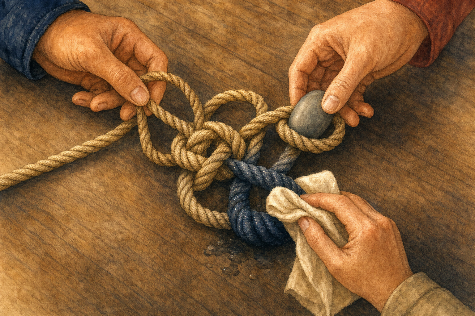 Three hands carefully address different parts of a complex knotted cord by loosening a loop, removing a stone, and drying a wet section.