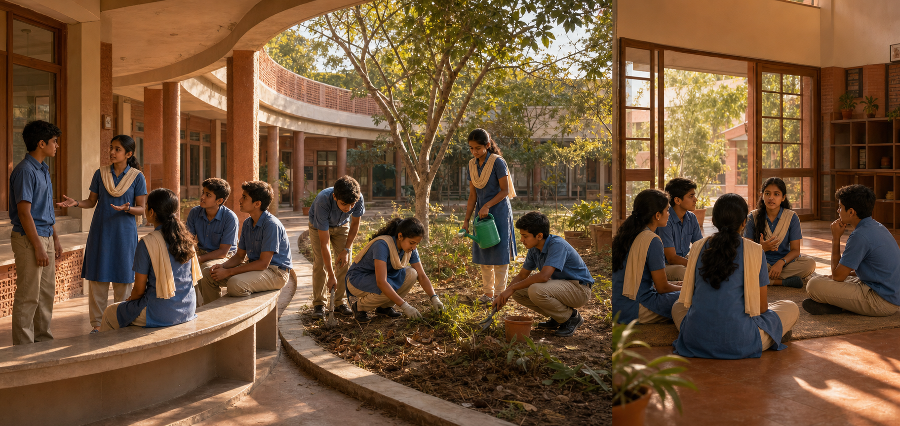 Students move from a conflict-resolution role-play to gardening together and then to a classroom reflection circle.