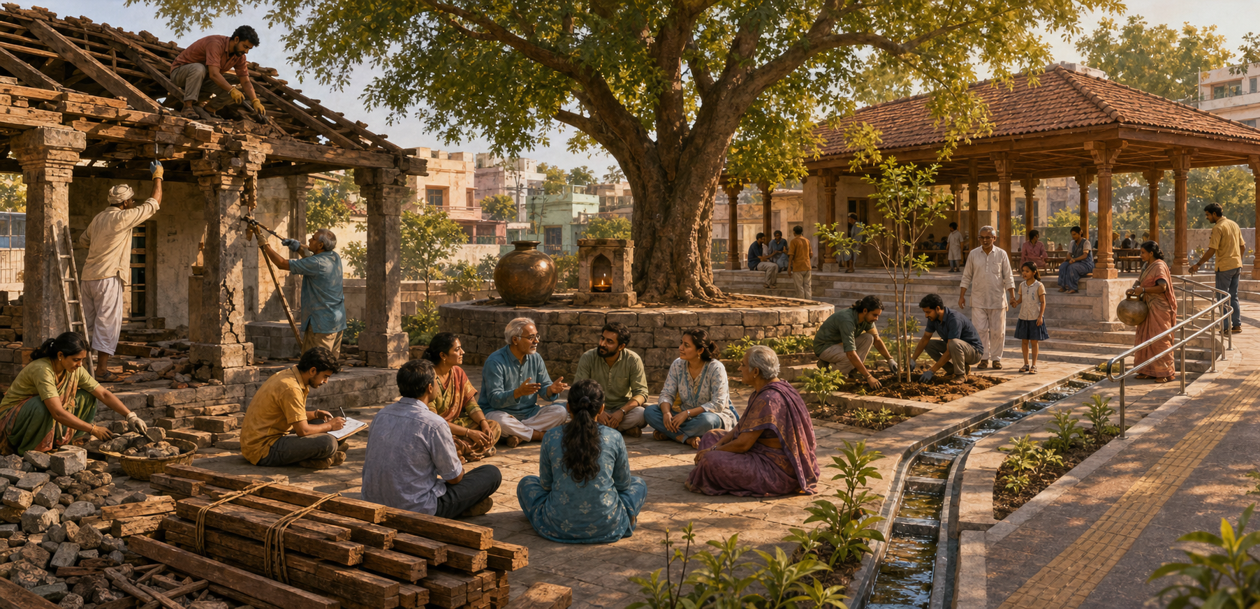 Community members carefully renew a cracked pavilion, preserving its foundation, tree, water vessel, and lamp while reusing materials and planting saplings.