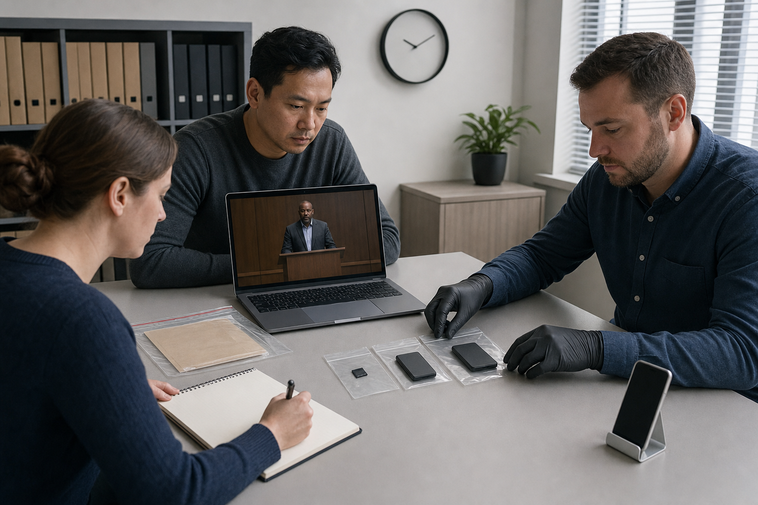 Three people in a community legal clinic review a complete lecture recording while preserving a memory card and duplicate storage drives in protective sleeves.