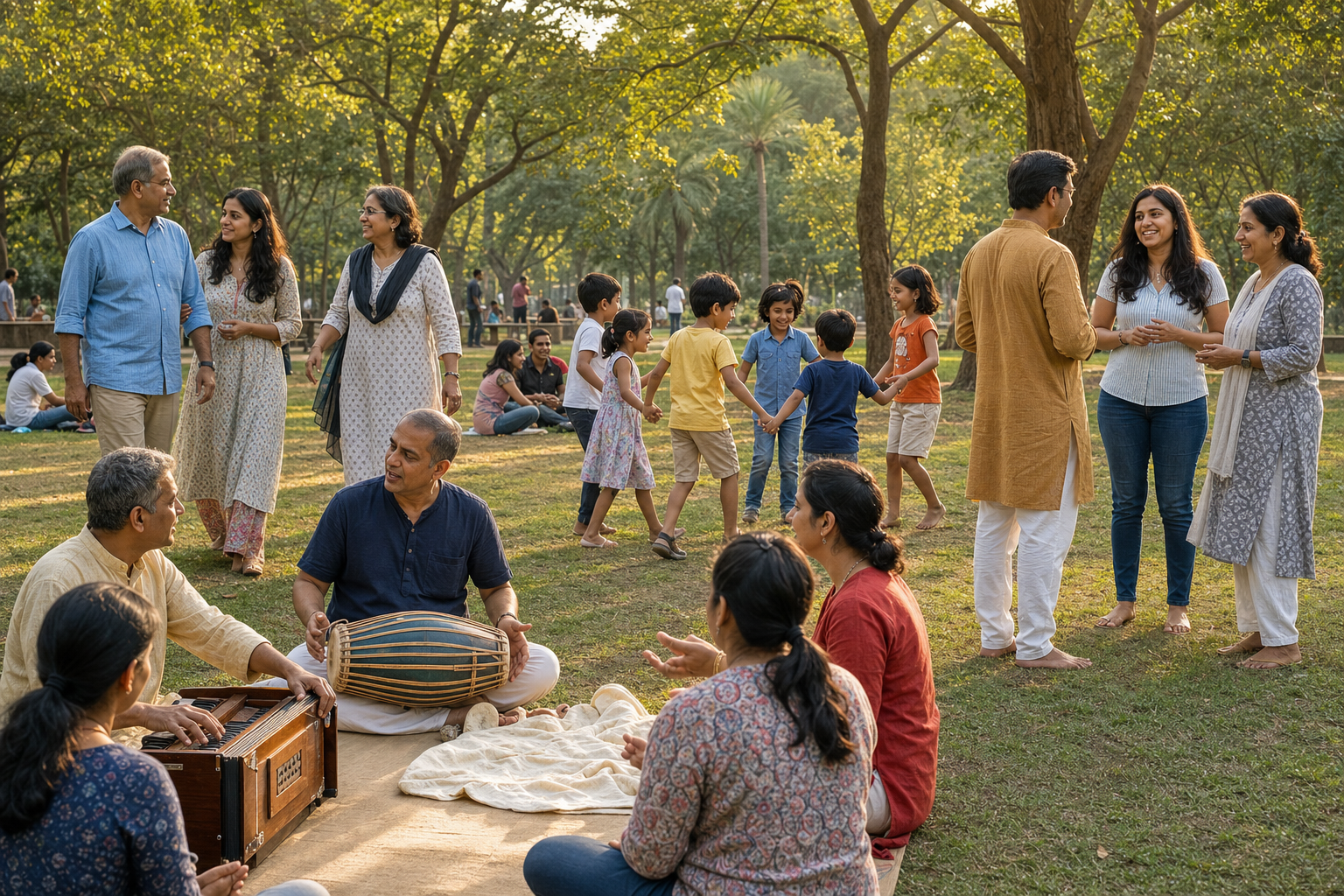 Adults and children converse, play a circle game, and make music together in a sunlit public park.