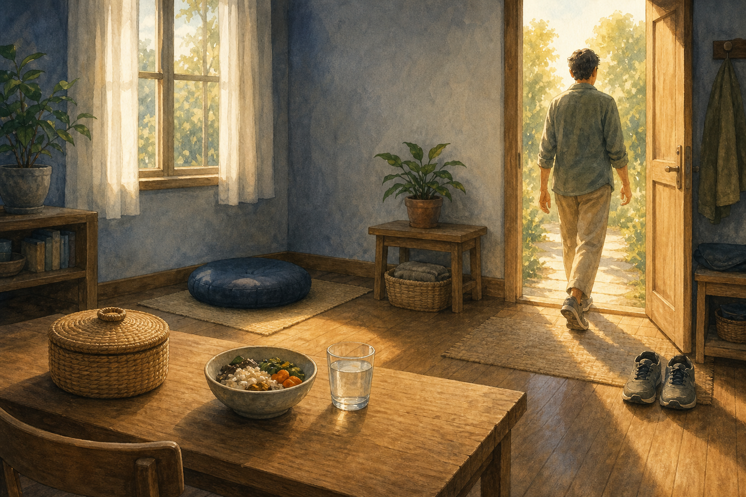 A person walks toward a sunlit doorway in a tidy home with a phone stored in a basket, a cushion by the window, and a simple meal prepared.