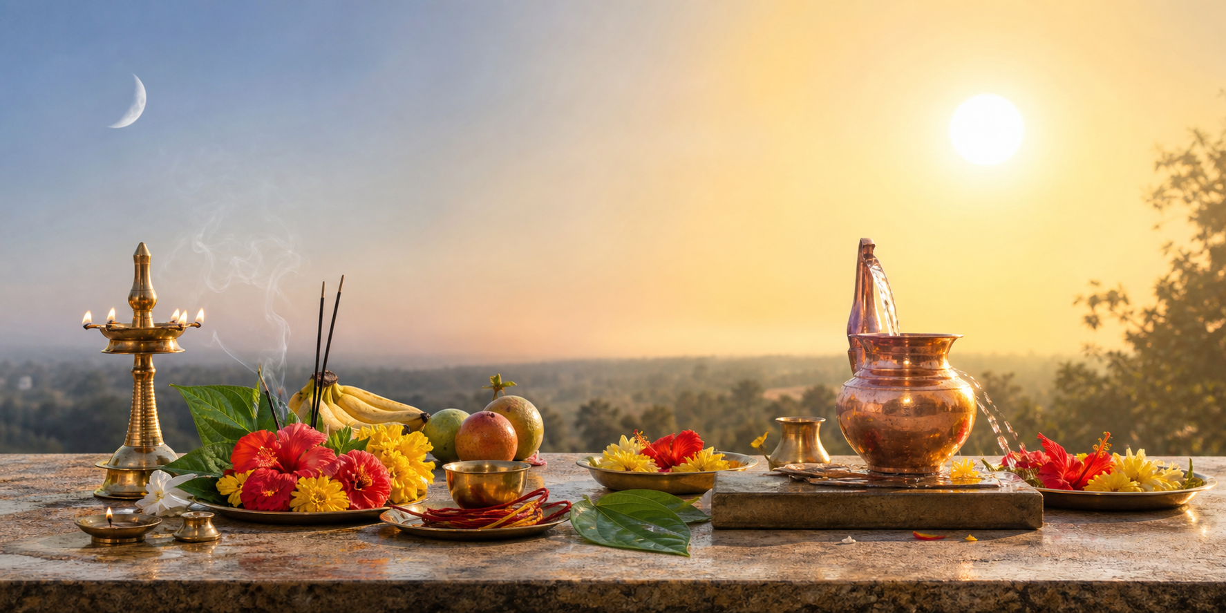A Hindu puja altar shifts from cool morning light with flowers and a brass lamp to warm sunlight with a copper vessel for a Surya offering.
