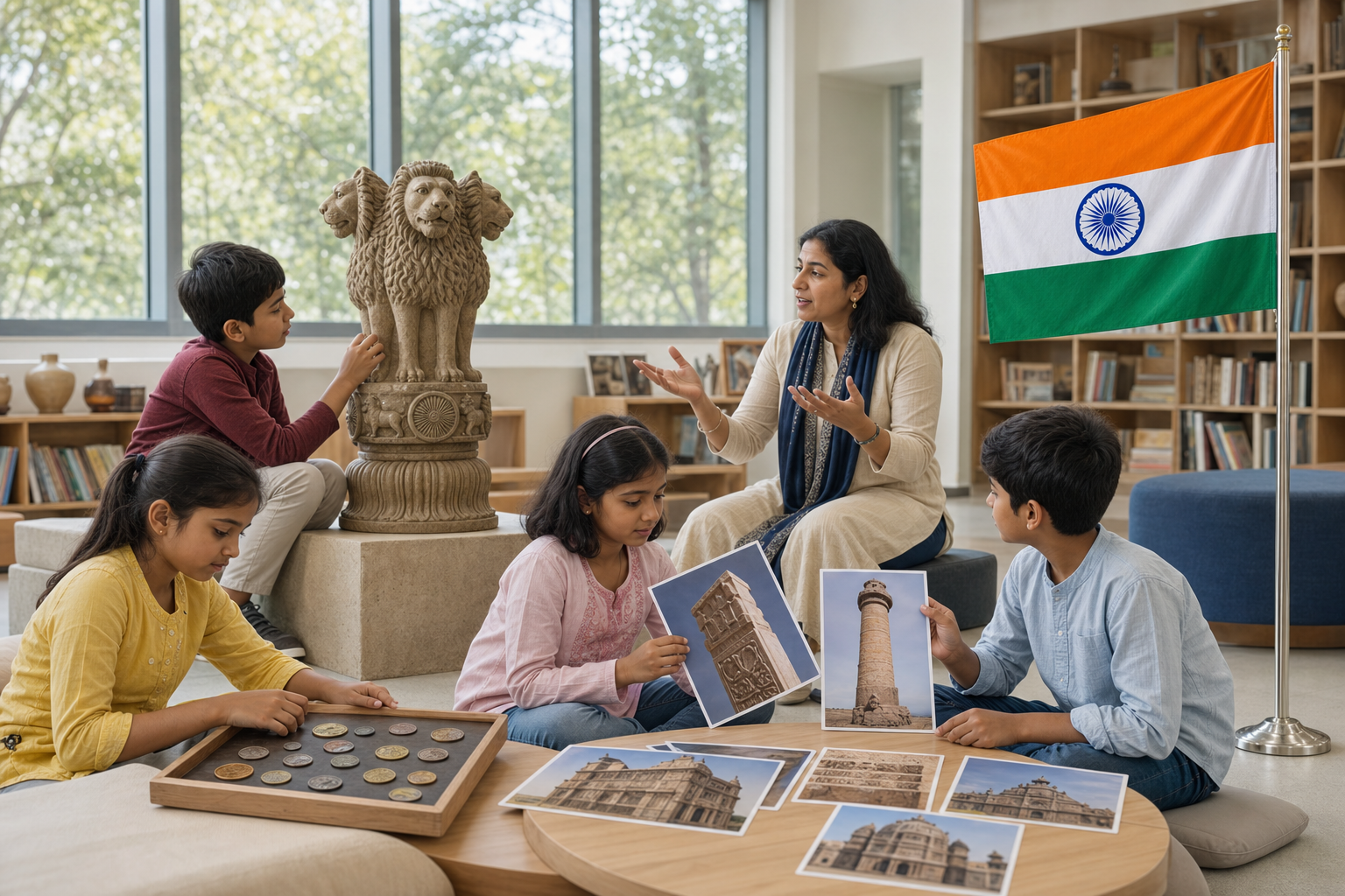 Students study the Indian flag, a lion-capital replica, coins, and historical images during a discussion-based library lesson.
