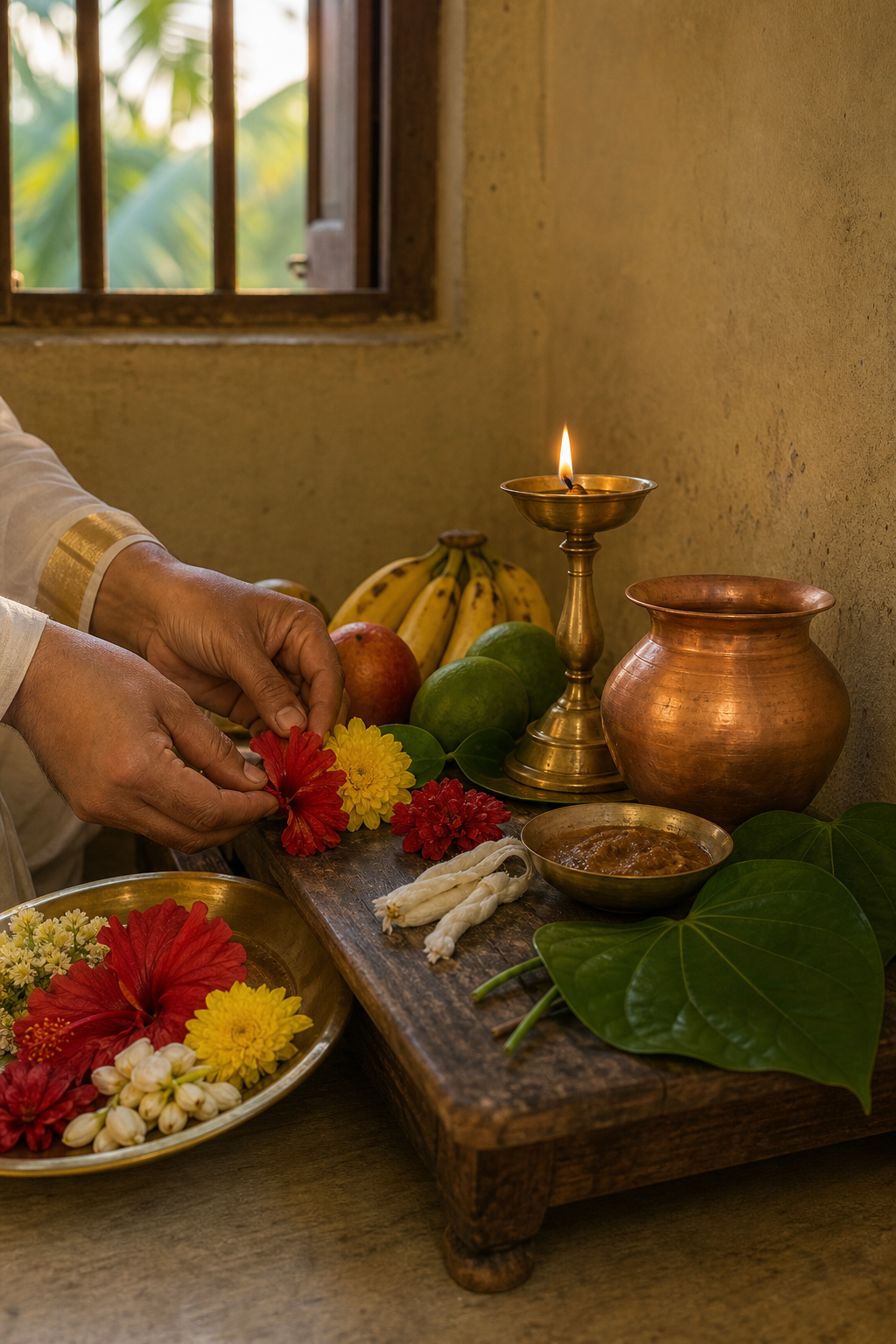 A devotee's hands arrange flowers, fruit, sacred leaves, a copper vessel, and a lit brass lamp for morning worship.