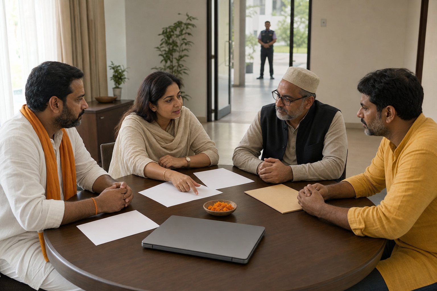 A facilitator, community representatives, and a venue organizer discuss materials around a table while a safety officer waits discreetly outside the room.