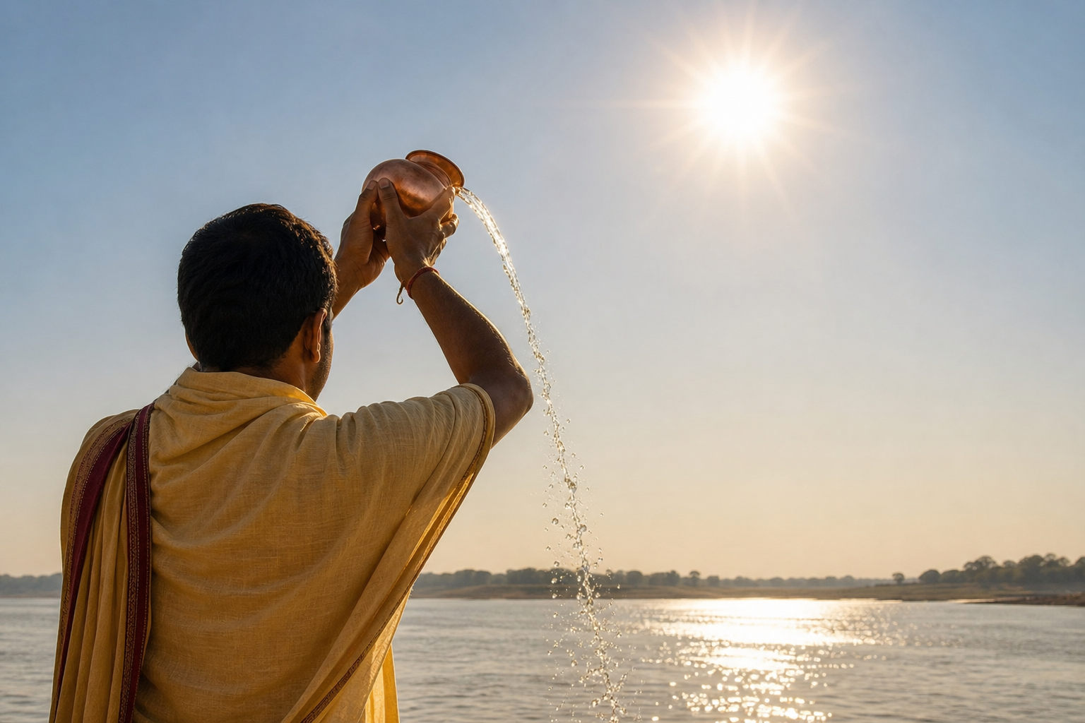 A devotee seen from behind pours water from a copper vessel toward the sun in a Surya arghya ritual.