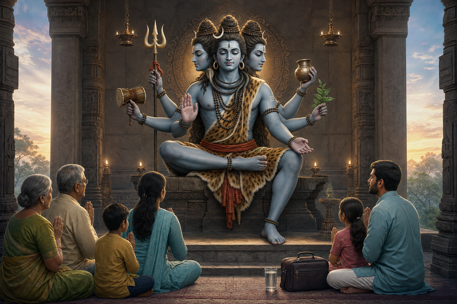 Jwarahareshwara Shiva with three heads, three legs, and six arms blesses a family praying in a lamp-lit stone shrine, with a medical bag nearby.