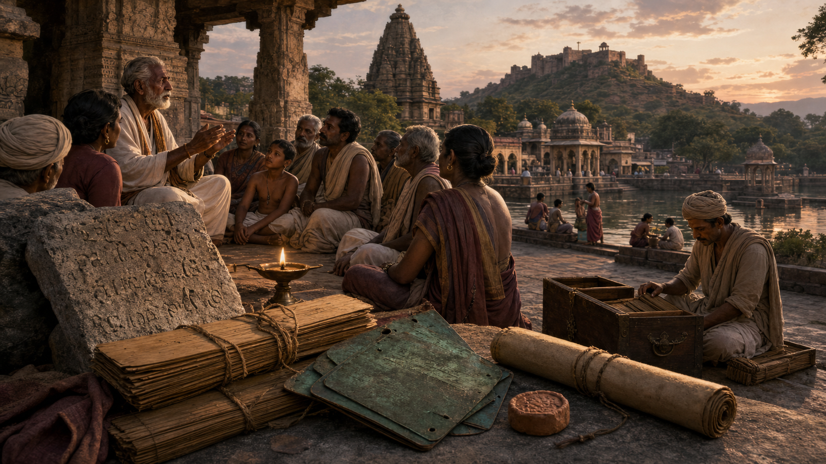 Palm-leaf bundles, copper plates, carved stone, storytellers, a record keeper, a temple, a hill fort, and a river form a panoramic scene of historical memory preserved in different ways.