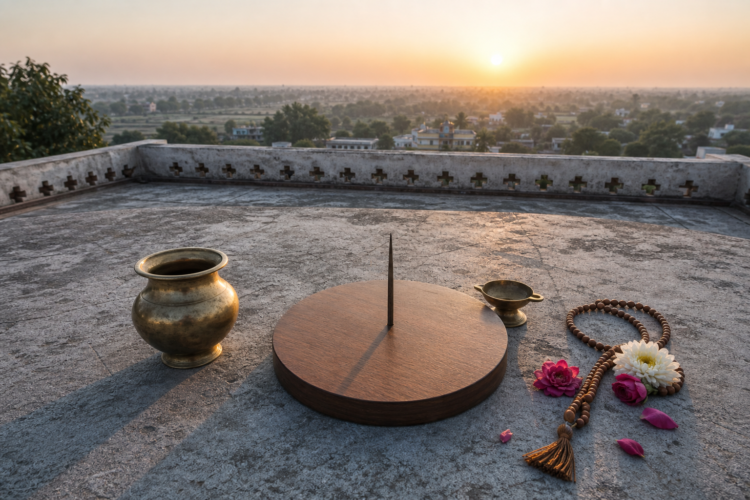 Ritual objects and a simple shadow-casting time marker sit on a terrace as sunlight appears over the local horizon.