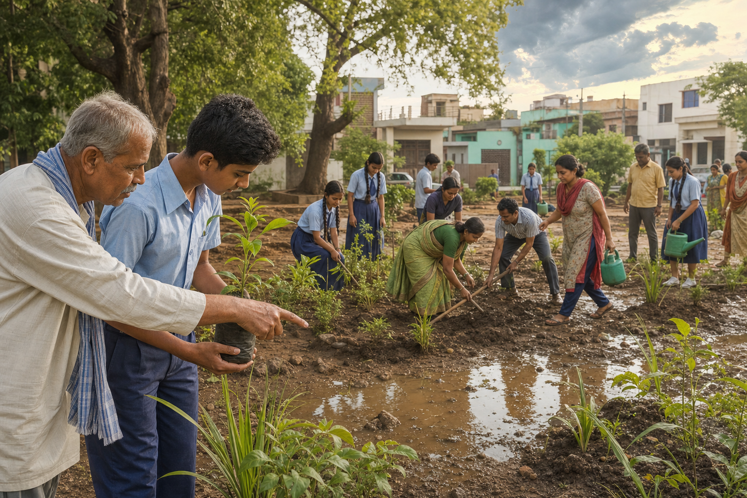 Students and neighborhood residents work together to plant a rain garden after discussing local drainage needs.