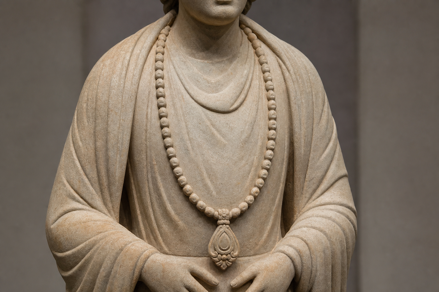 Pale sandstone torso with a long symmetrical necklace and central pendant aligned above the waist.