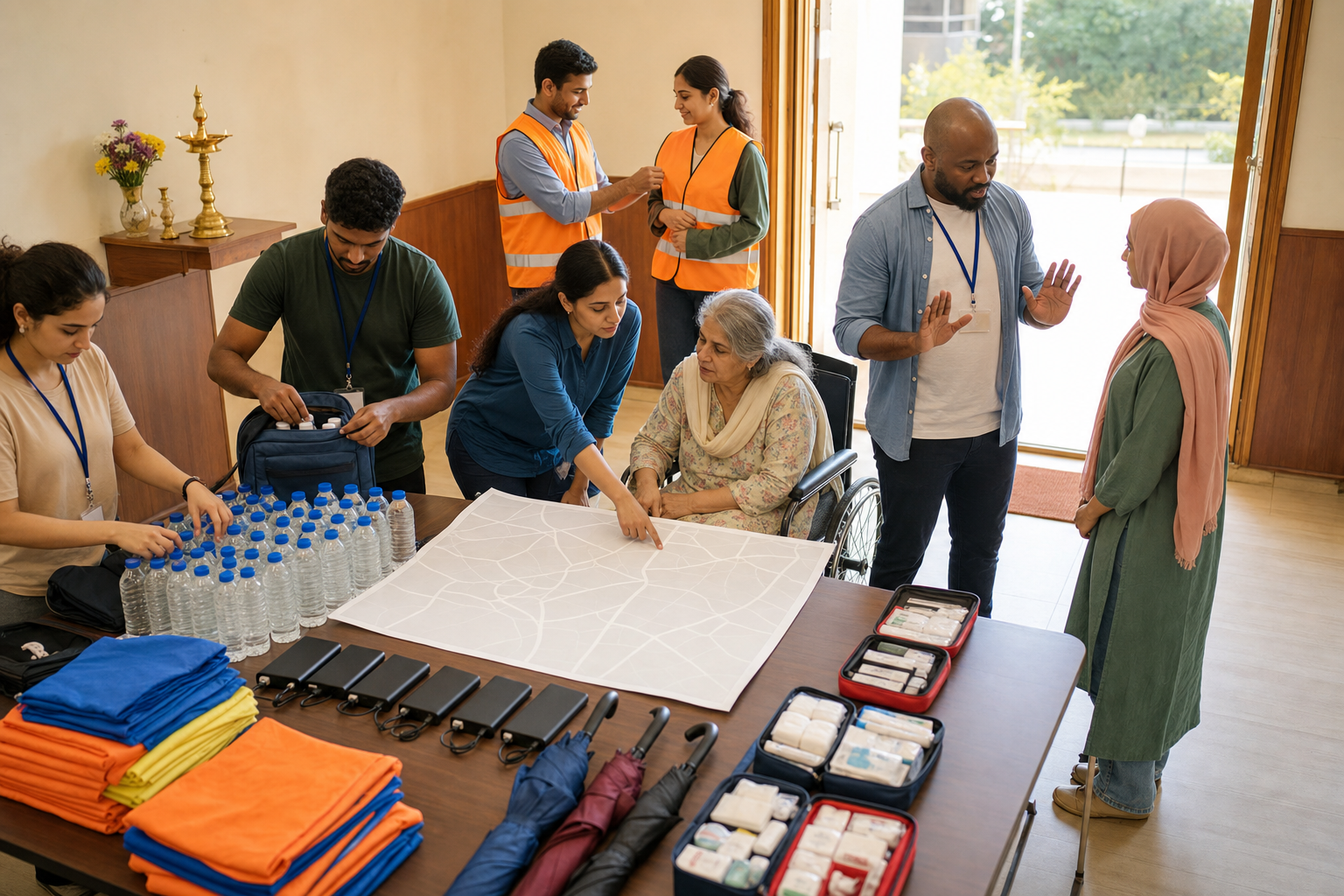 Volunteers prepare water, first-aid supplies, plain vests, and an accessible route map for a peaceful protest in a community hall.