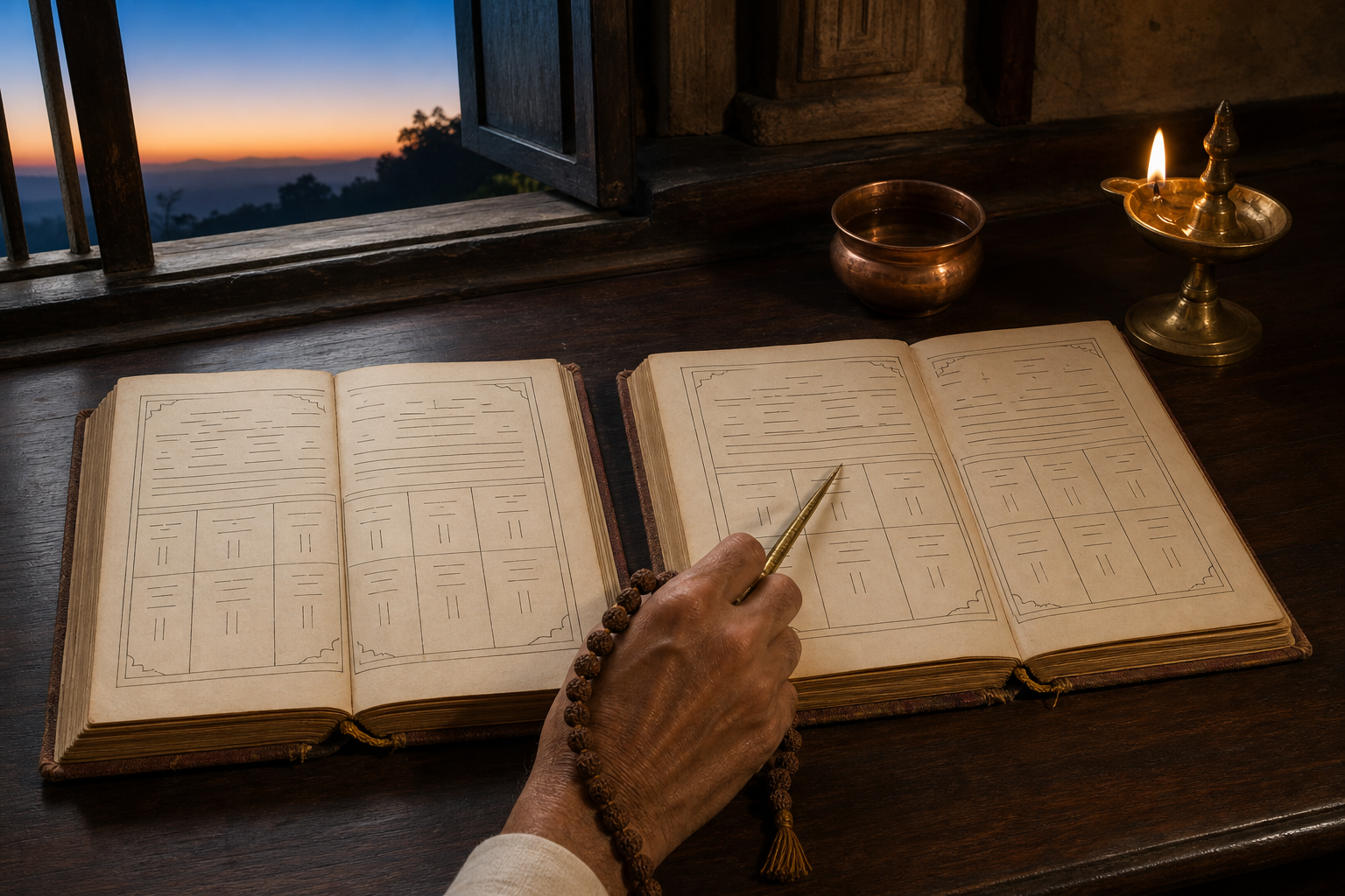 A reader compares two open almanac-style booklets beside a brass lamp and a window overlooking the dawn horizon.