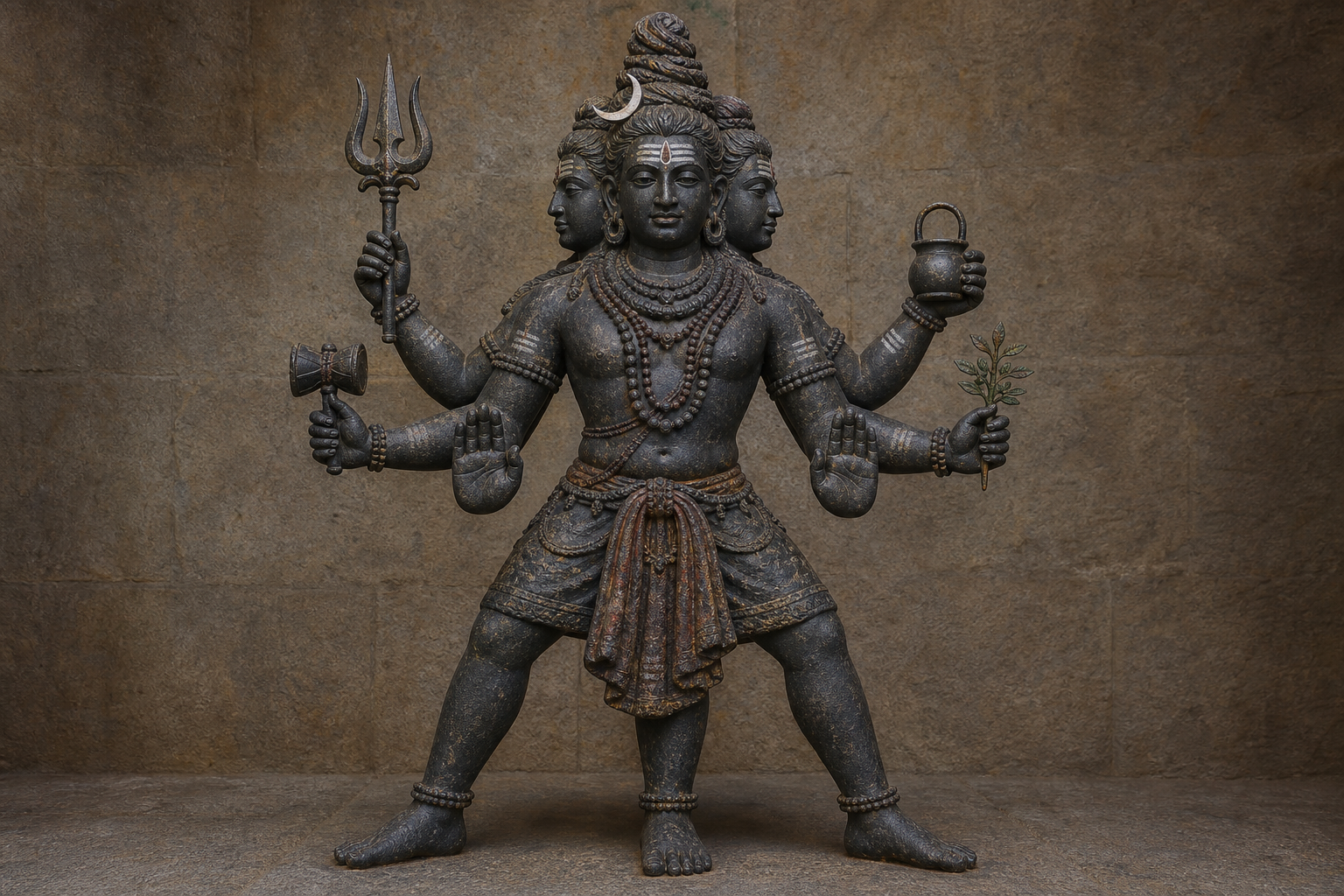 Full-length stone image of Jwarahareshwara Shiva with three visible heads, three distinct legs, and six clearly separated arms in a temple alcove.