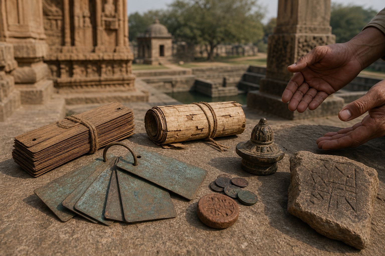 A storyteller, a community shrine ritual, and an old temple landscape appear in three connected depths of one scene.