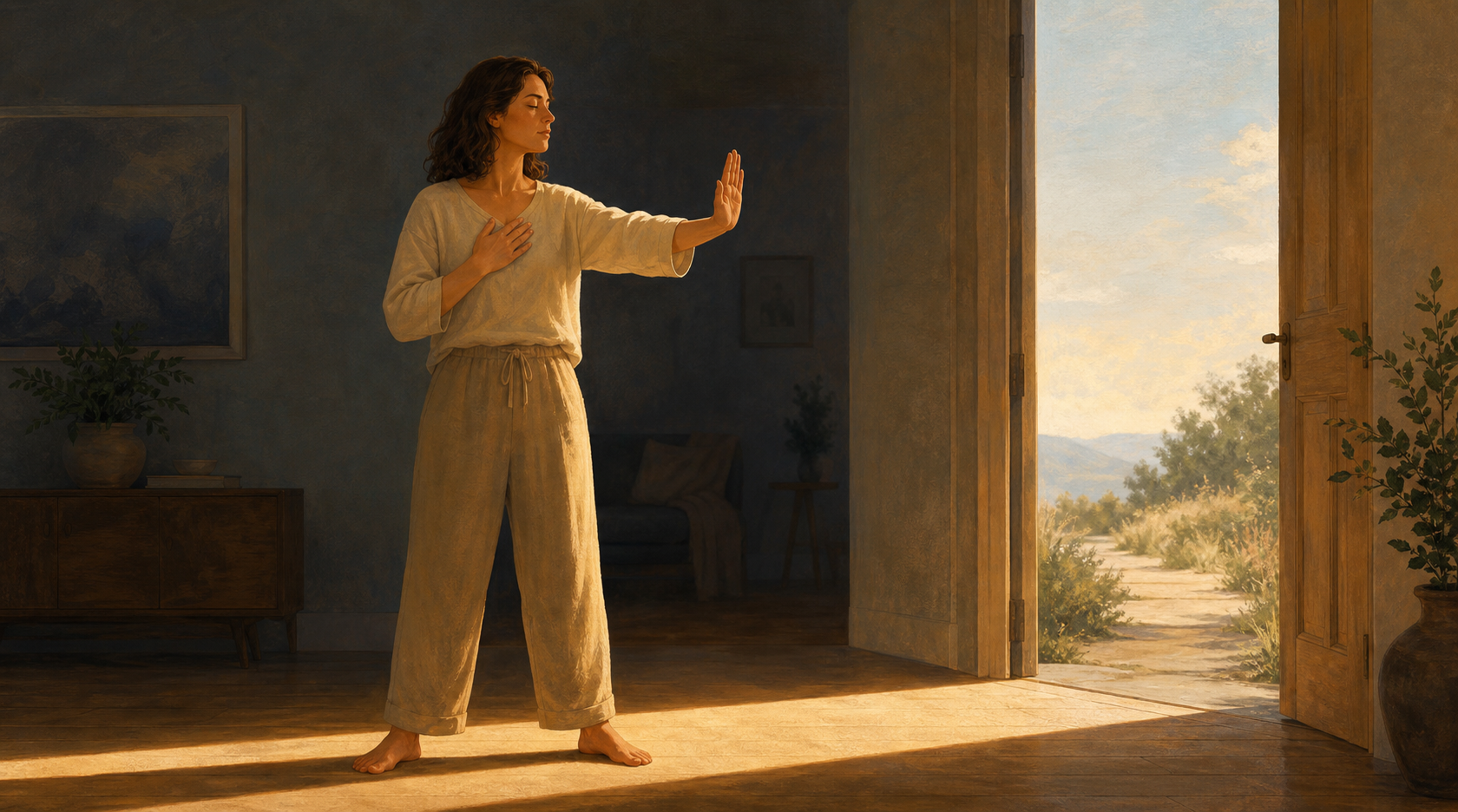 An adult stands with a calm raised hand at a sunlit threshold inside a quiet home, with an open doorway and path ahead.