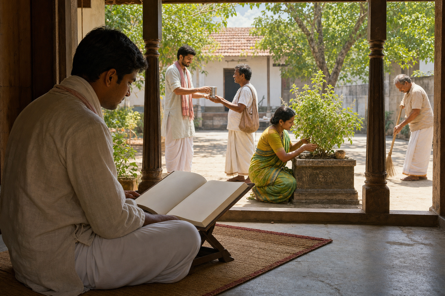 A devotee reads on a veranda while people offer water, tend a plant, and sweep a sunlit courtyard beyond.