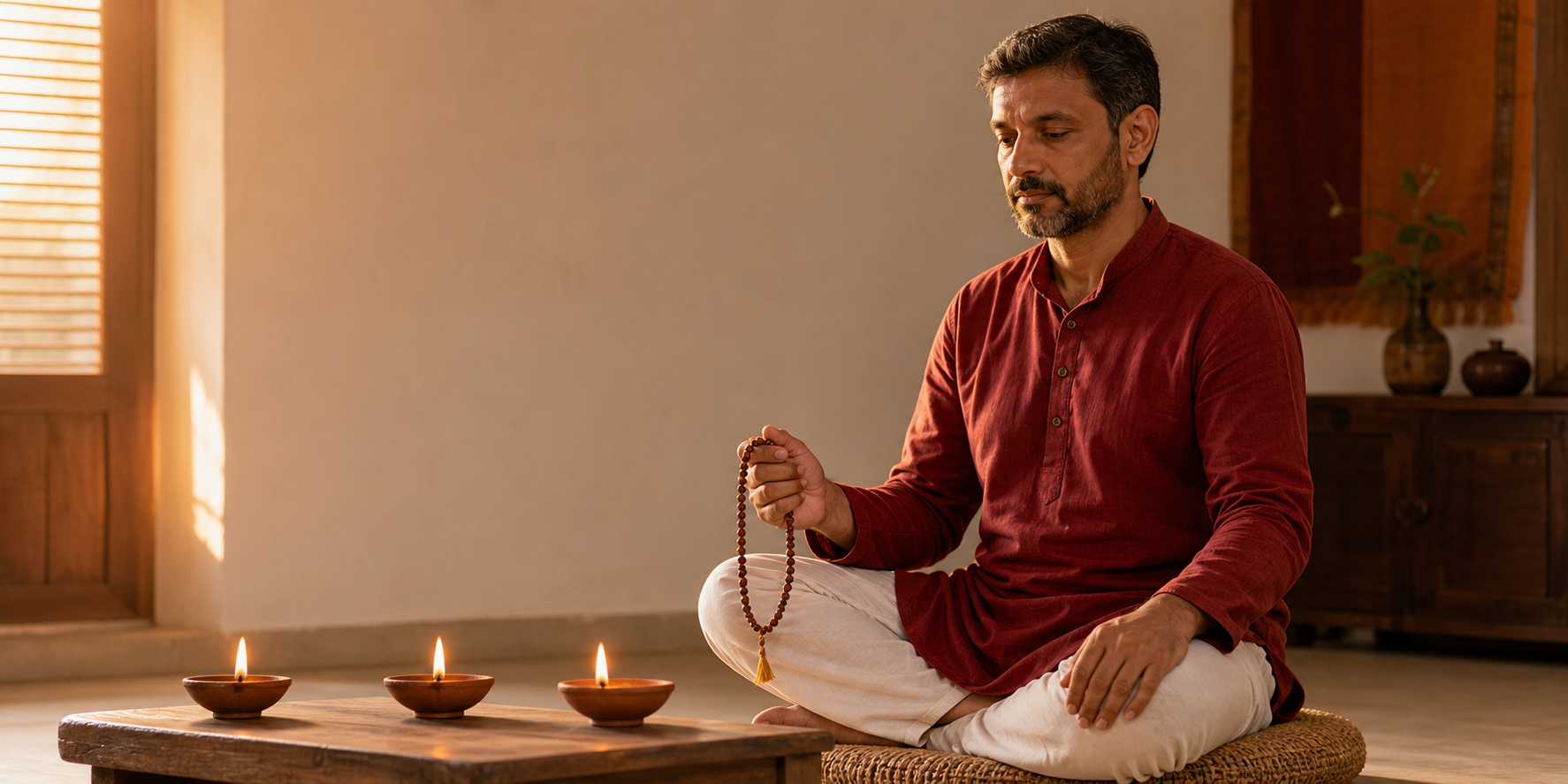 A seated practitioner holds meditation beads at dawn before three small glowing oil lamps.