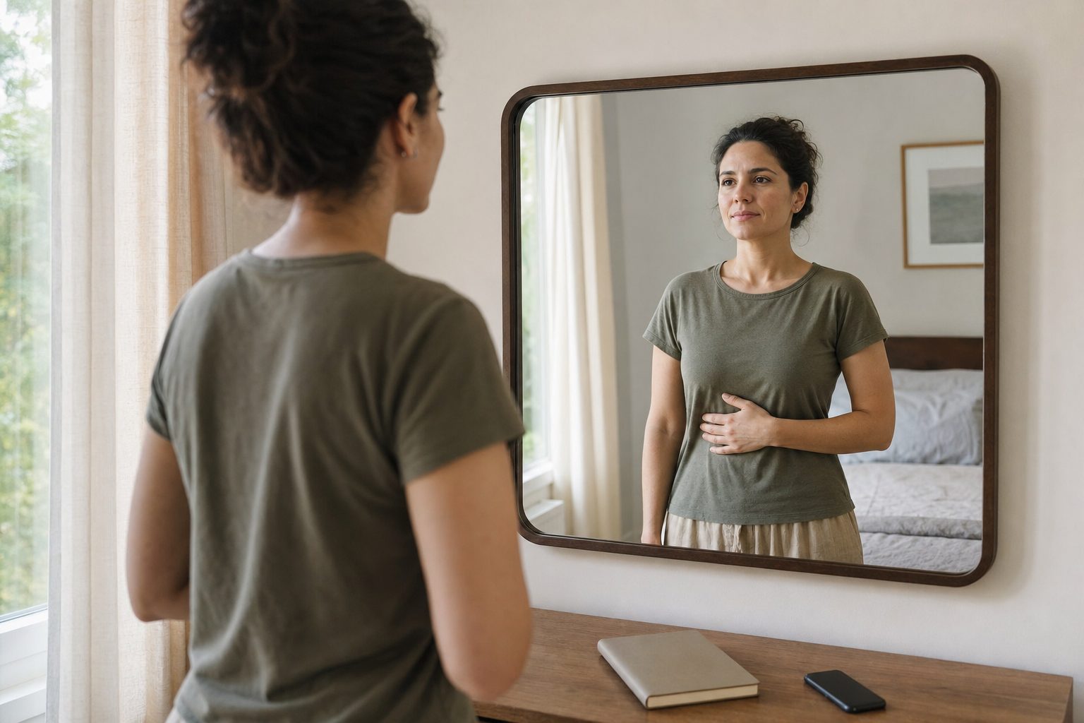 An adult practices speaking calmly in front of a mirror with one hand resting over the lower ribs in a quiet room.