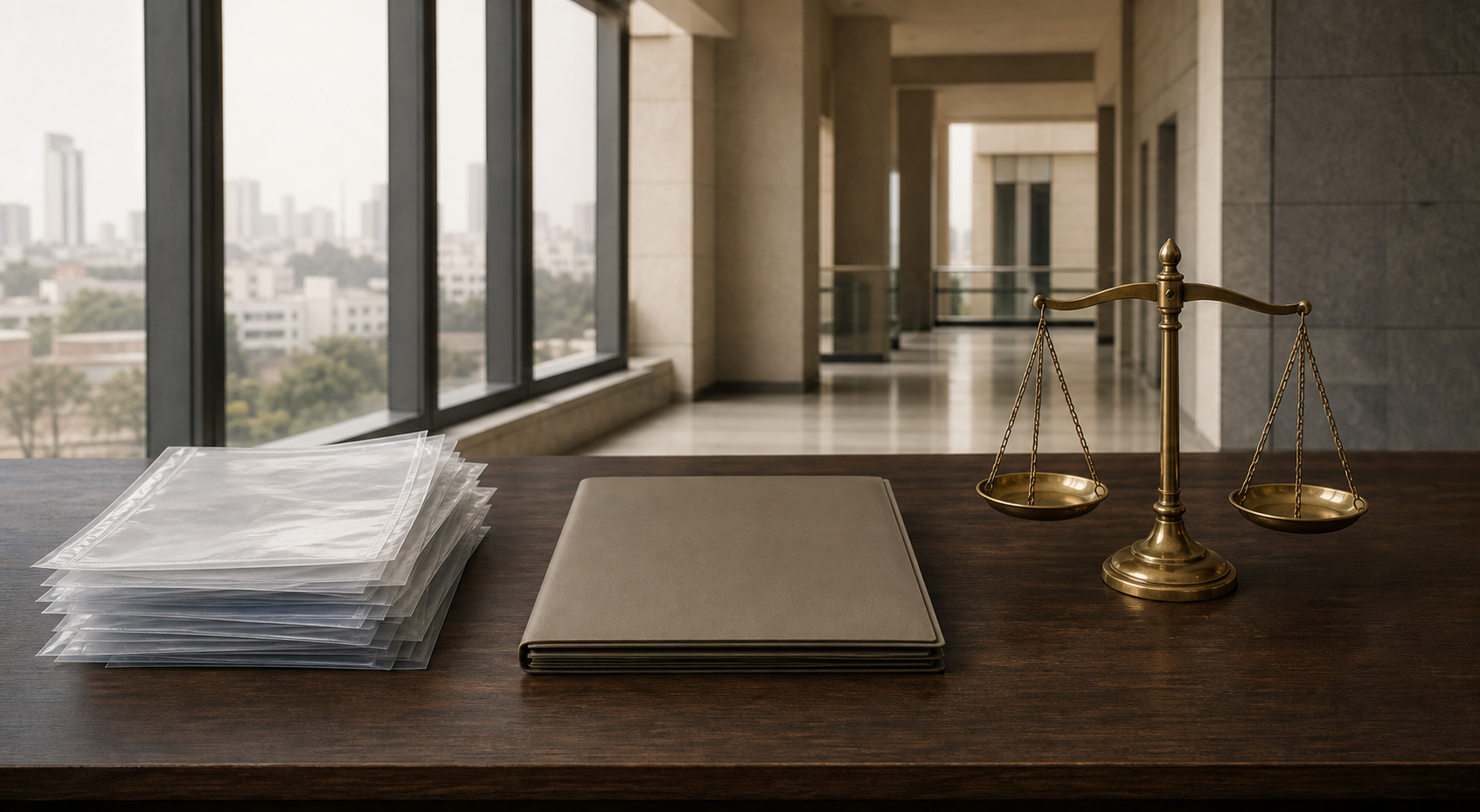 An unlabelled case file and a level brass balance scale sit on a desk in front of a softly blurred courthouse corridor.