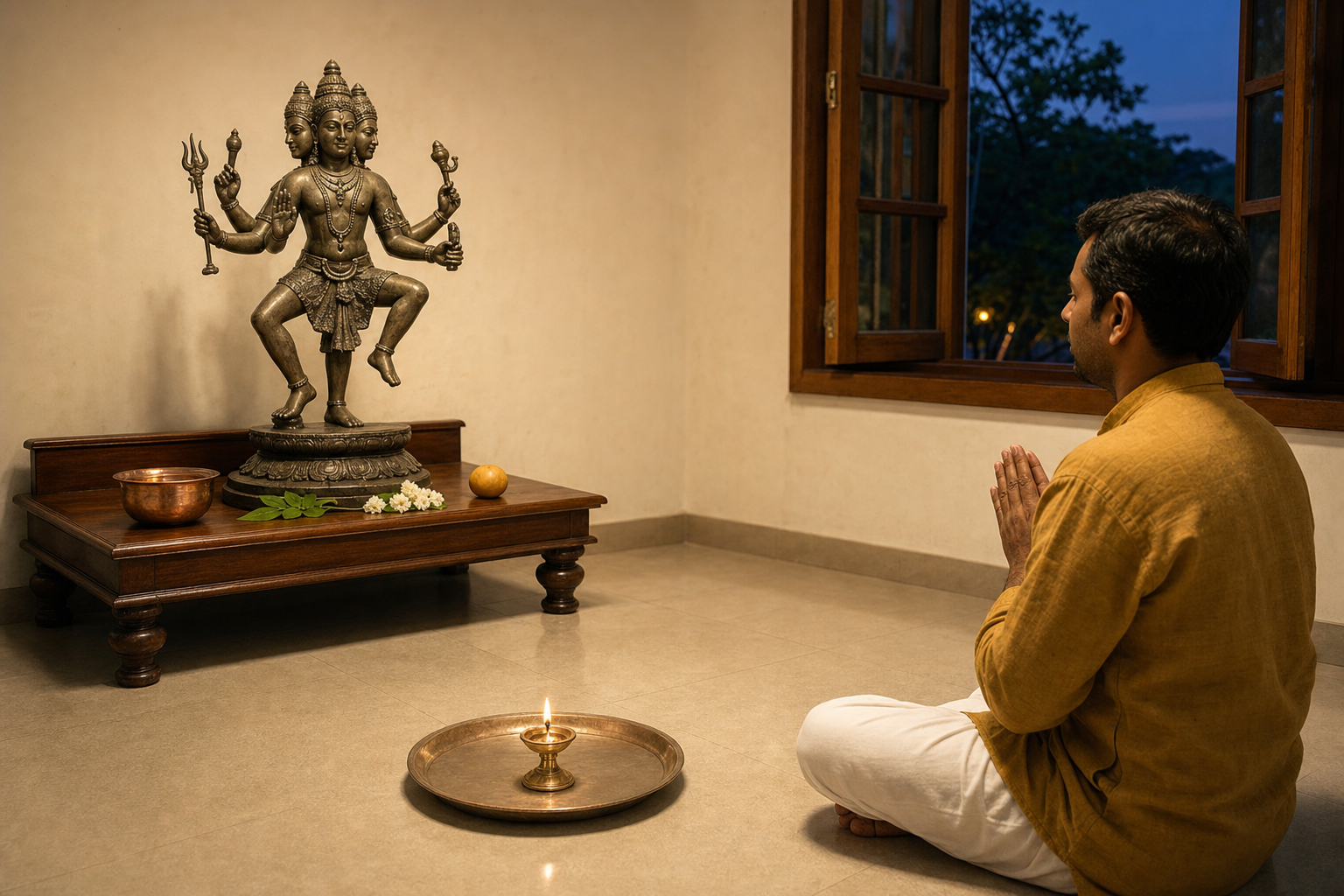 A devotee performs a simple home observance before a small Jwarahareshwara Shiva murti with water, leaves, flowers, fruit, and a safely placed lamp.