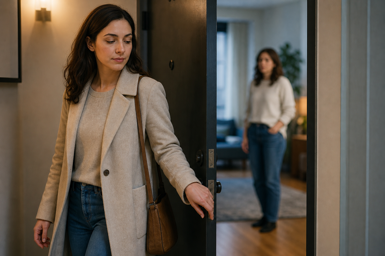 An adult calmly leaves through an apartment doorway while another person remains out of focus inside the room.