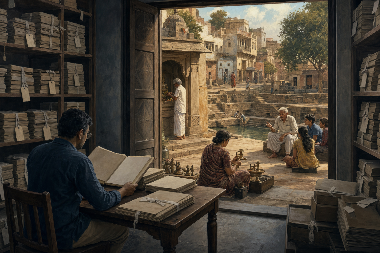 A researcher works among archival files while an open doorway reveals community storytelling, ritual objects, and a historic stepwell outside.