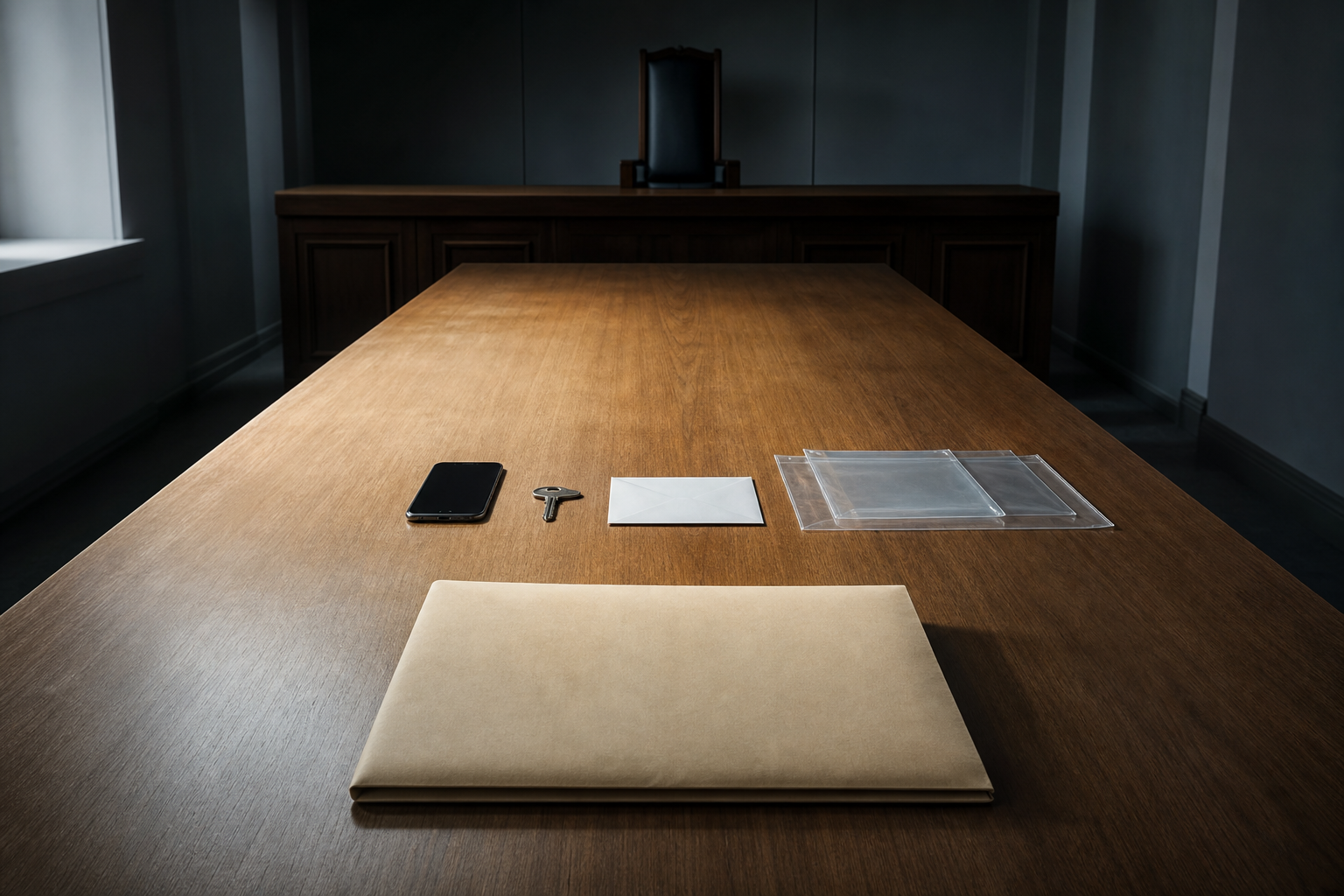 A closed case folder and magnifying lens sit on a table beside empty spaces and an interview chair.