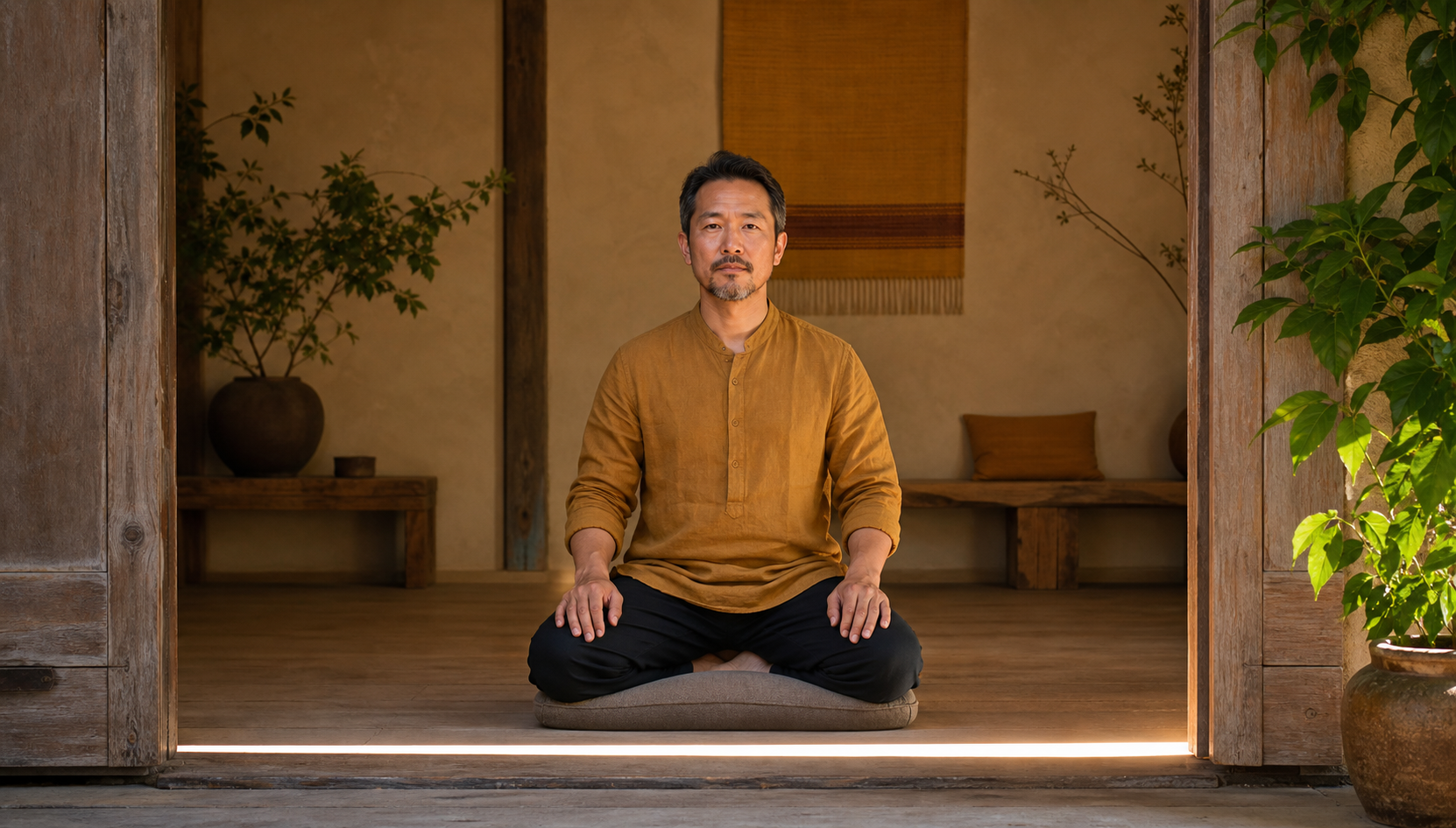 An adult sits upright on a meditation cushion beside a sunlit doorway and a green plant in a quiet room.
