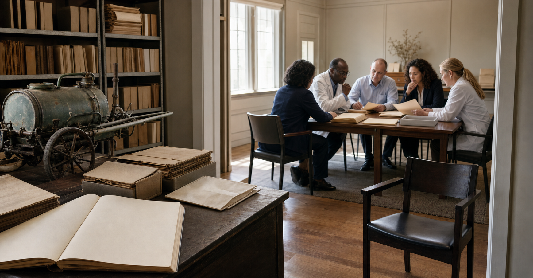 Archived orchard files and an old sprayer are connected by light to a modern inquiry table where agricultural and administrative professionals review evidence.